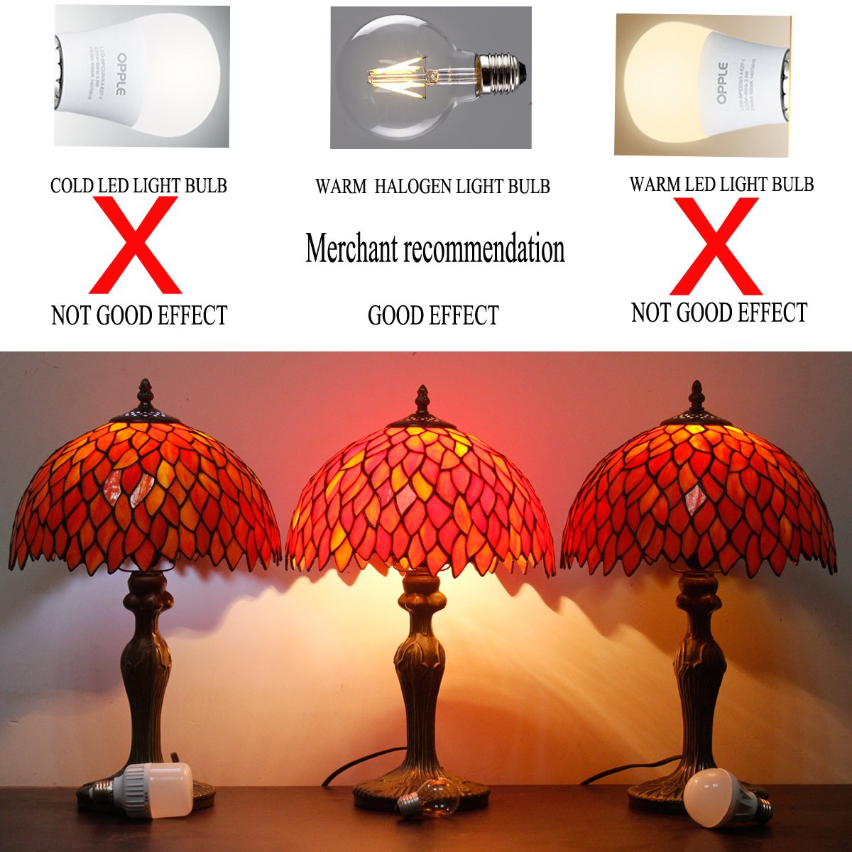 WERFACTORY Tiffany Lamp Stained Glass Table Lamp, Red Wisteria, 12x12x18 Inches, Glass, Desk/Bedside Lighting, S523R Series