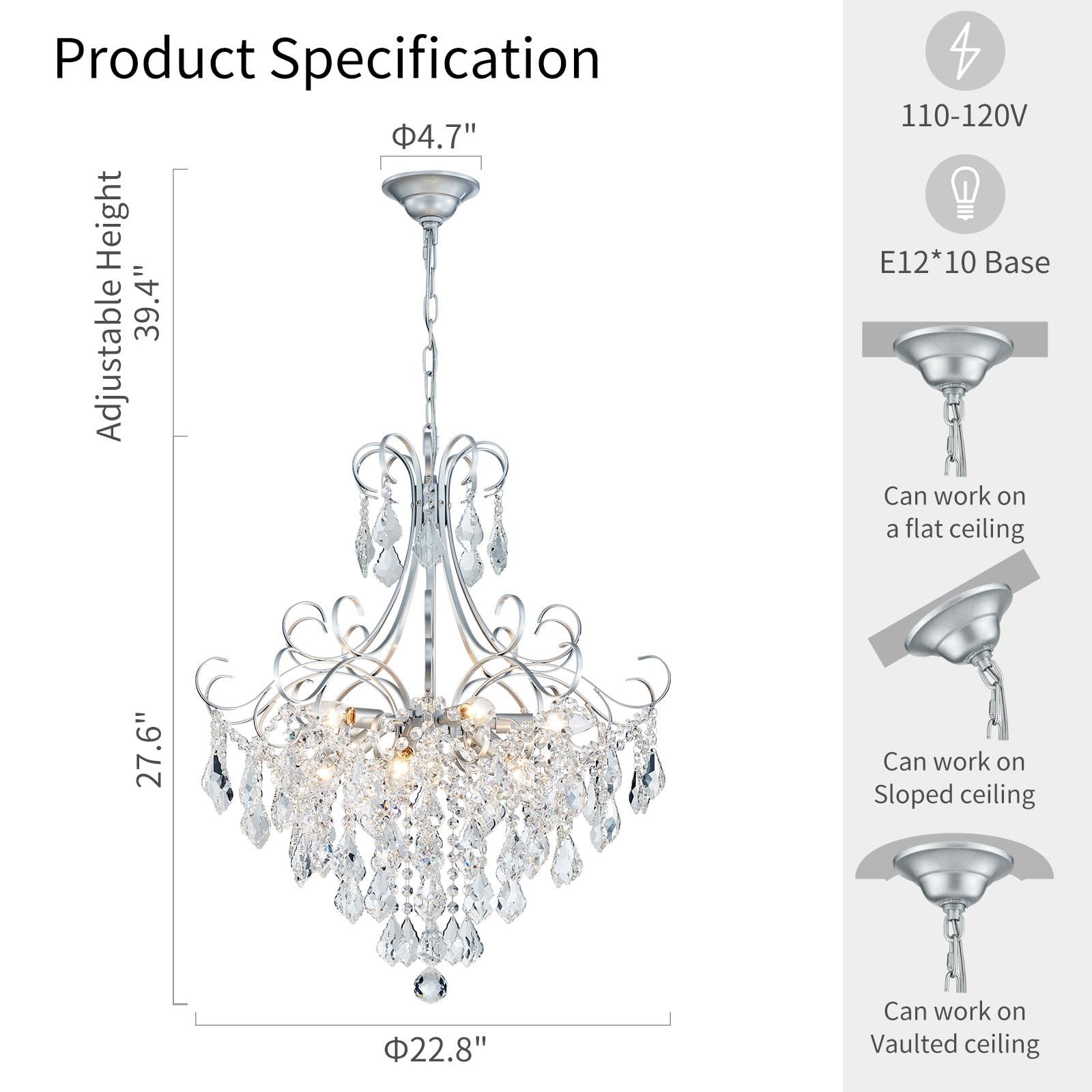 WUZUPS Crystal Chandelier Pendant Light 10-Light E12 Base 27.6inH x 22.8inW Silver, Model USHD30502S