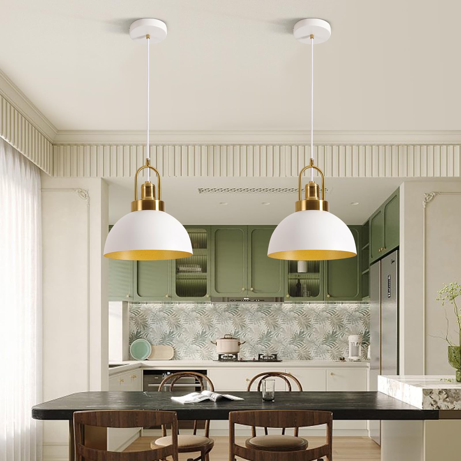 Yhanfengcy Vintage Pendant Light White And Gold Pendant Light With 9.84 Inch Round Dome, Brass Socket, And 78.74 Inch Cord - Per