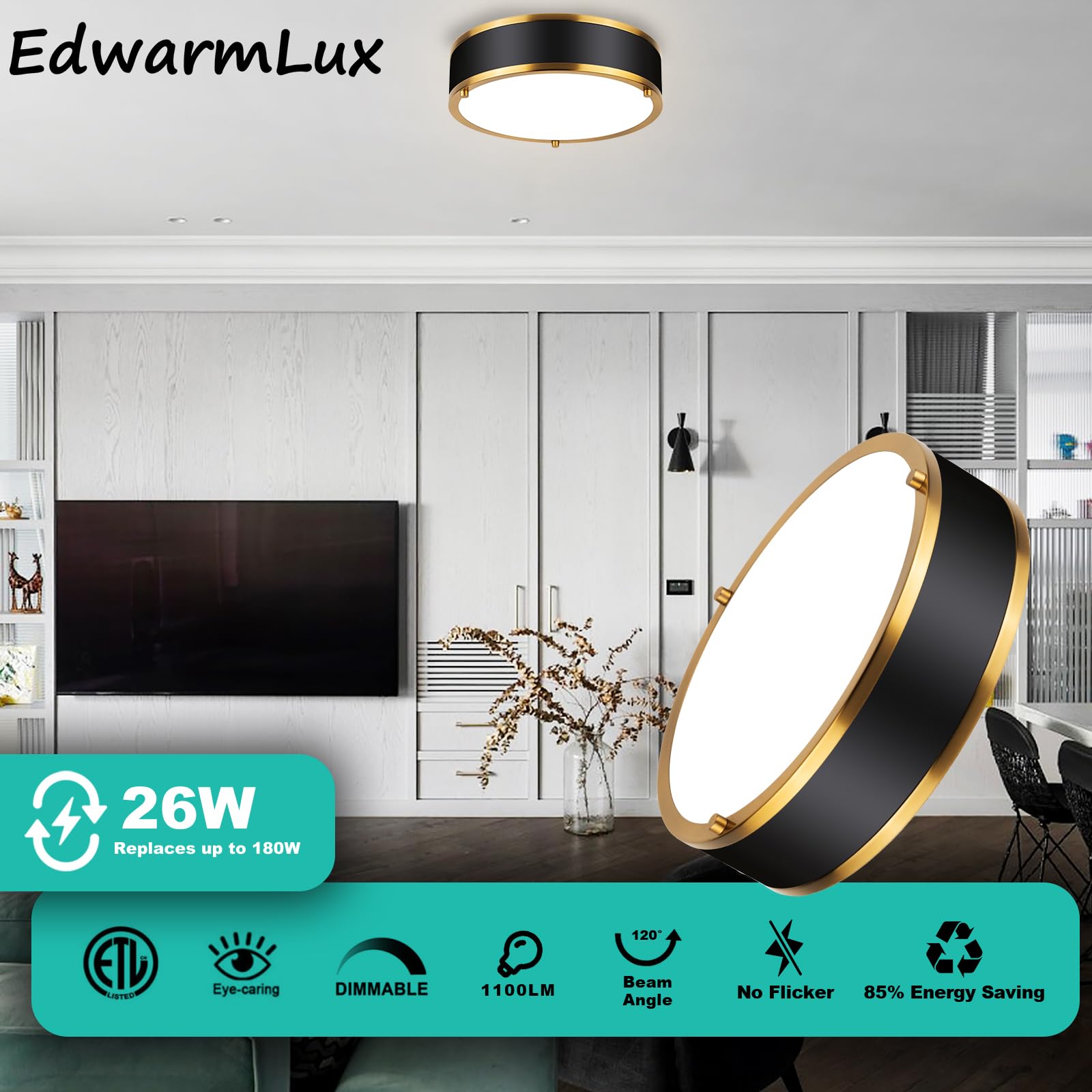 Edwarmlux 12.5 Inch Led Flush Mount Light Fixture, 26W, Modern Ceiling Light, 3 Color Adjustable 3000K/4000K/5000K, Dimmable For