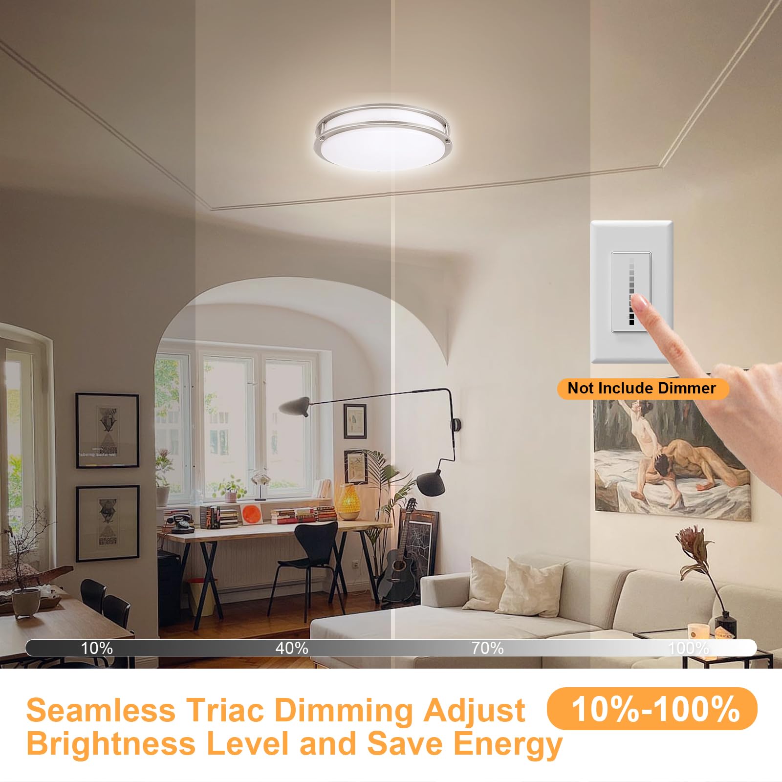 Enateclite 14Inch Double-Ring Nickel Brushed Led Ceiling Light, Flush Mount Ceiling Lighting Fixture, Super Bright 2500Lm, 26W,