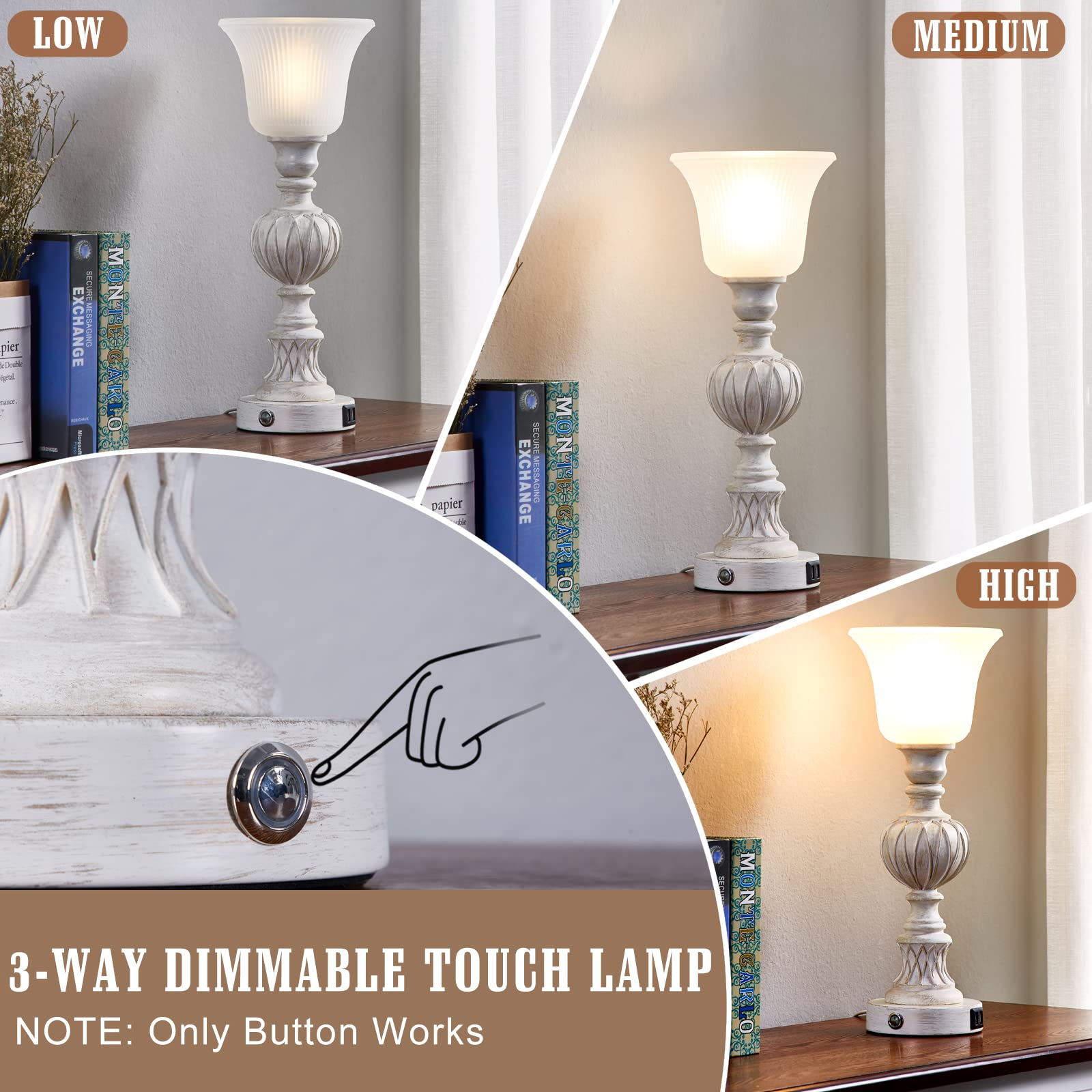 Luvkczc Touch Tall Lamps Set of 2, 18in Rustic Resin Table Lamps with Glass Shade for Bedroom & Living Room, Model 84008B-01