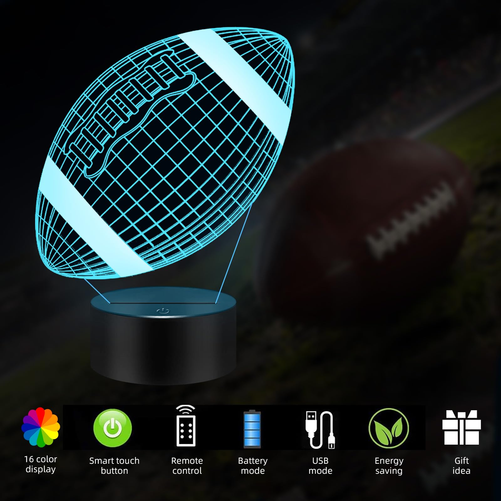 Menomino Football Gift 3D Night Light, 16 Colors Changes Remote Control 3D Night Lamp, Led Motorcycle Room Decor, Rugby Toys, Bi