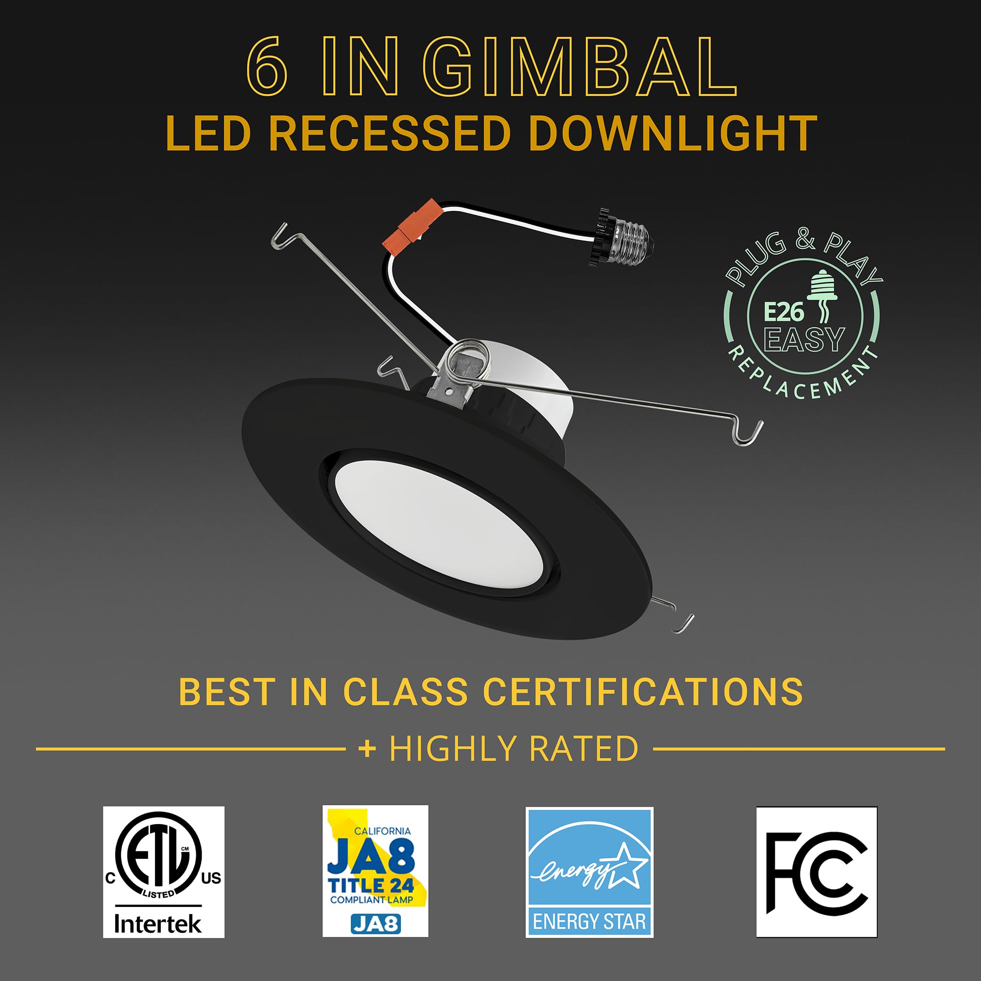 Nuwatt 6 Inch Led Black Gimbal Retrofit Recessed Lights, Selectable 5Cct 2700K/3000K/3500K/4000K/5000K, High Brightness, 1200Lm Dimmable, 16W, Directional Eyeball Light For Ceiling, Etl Listed 12 Pack