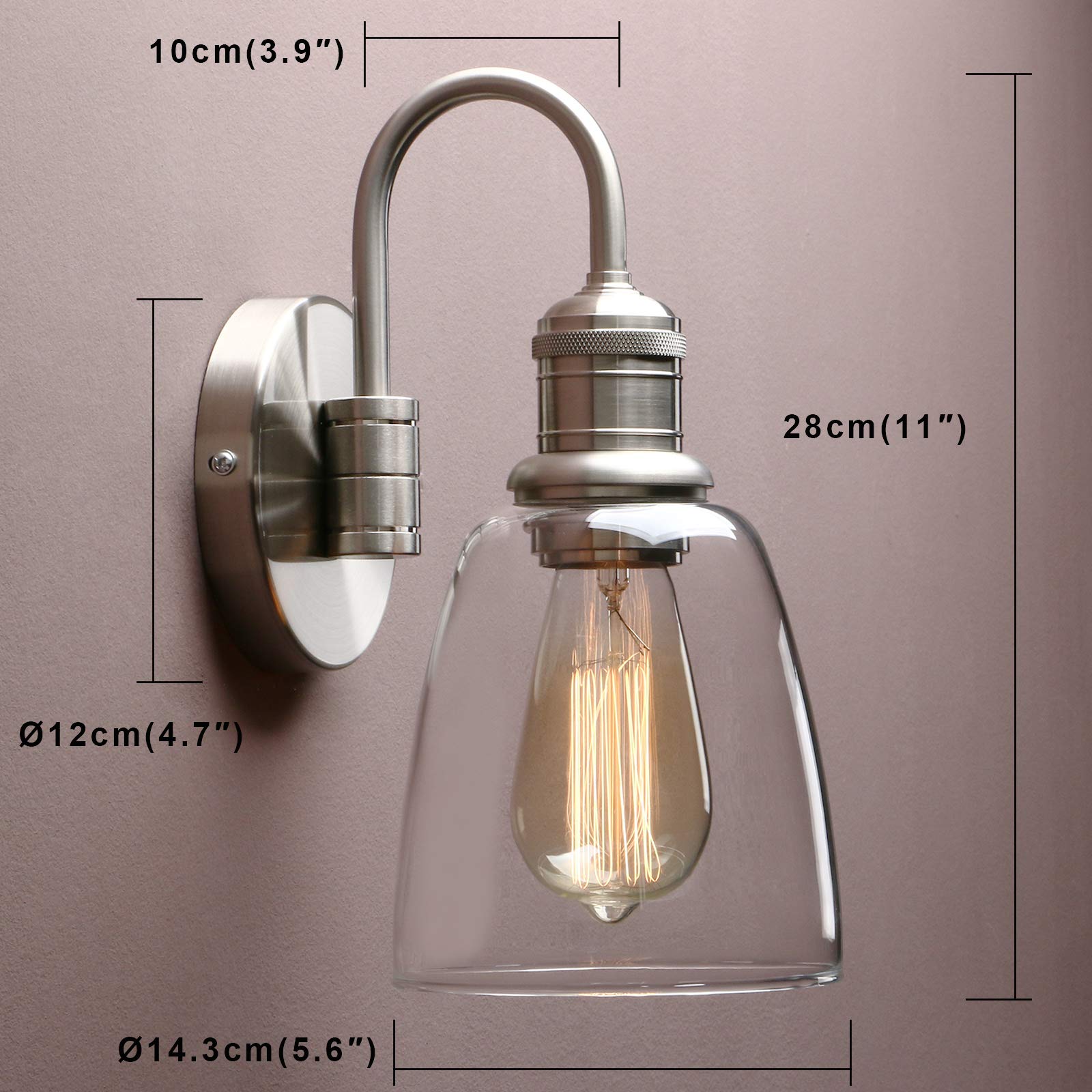 Yosoan 1-Light Brass Wall Sconce, Retro Clear Glass Shade, Hardwired, Model 6123, Brushed Finish