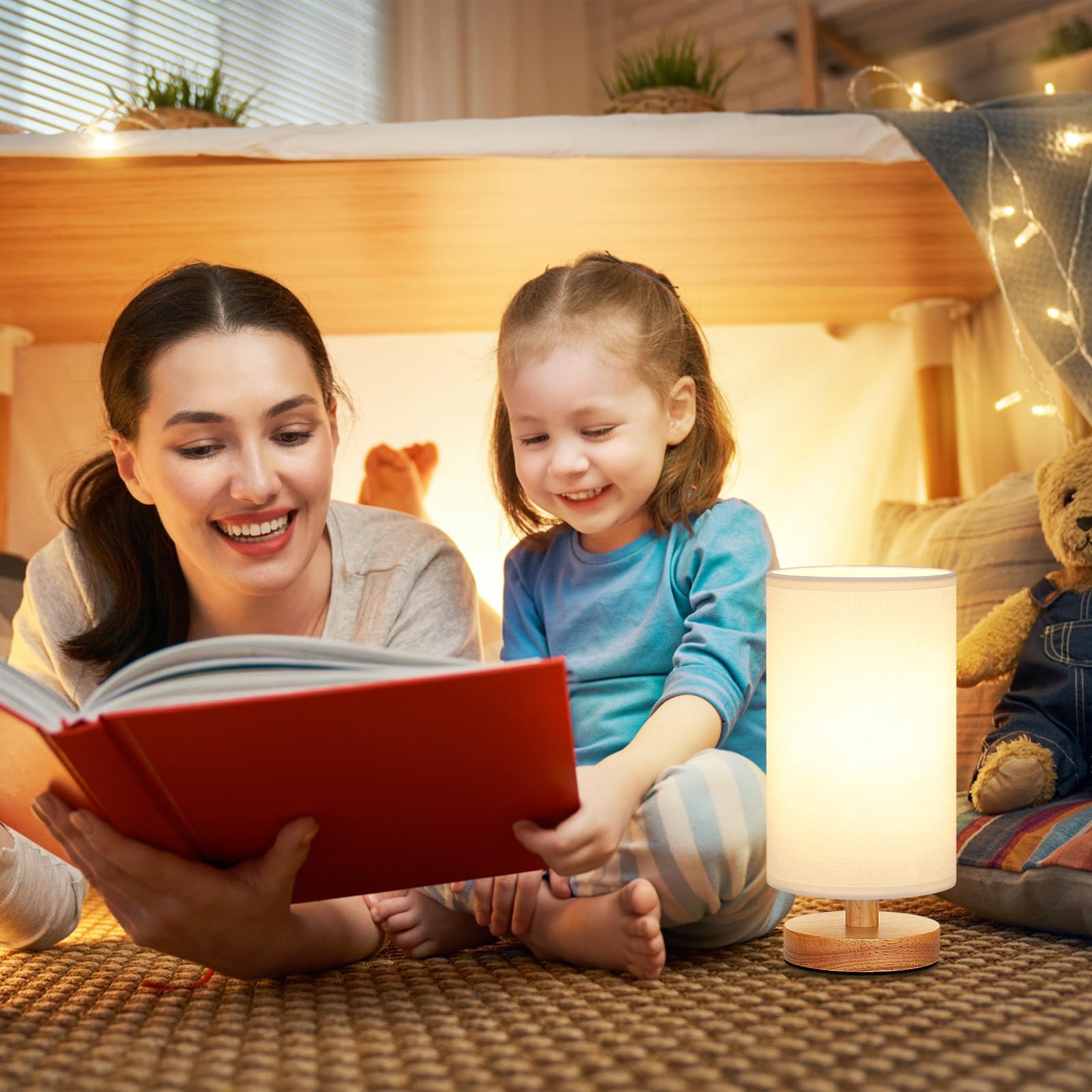 Fenmzee Small Table Lamp For Bedroom - Inline Control, Bedside Lamp With 3000K A15 Led Blub, Easy Assembly (White Shade - Wood B