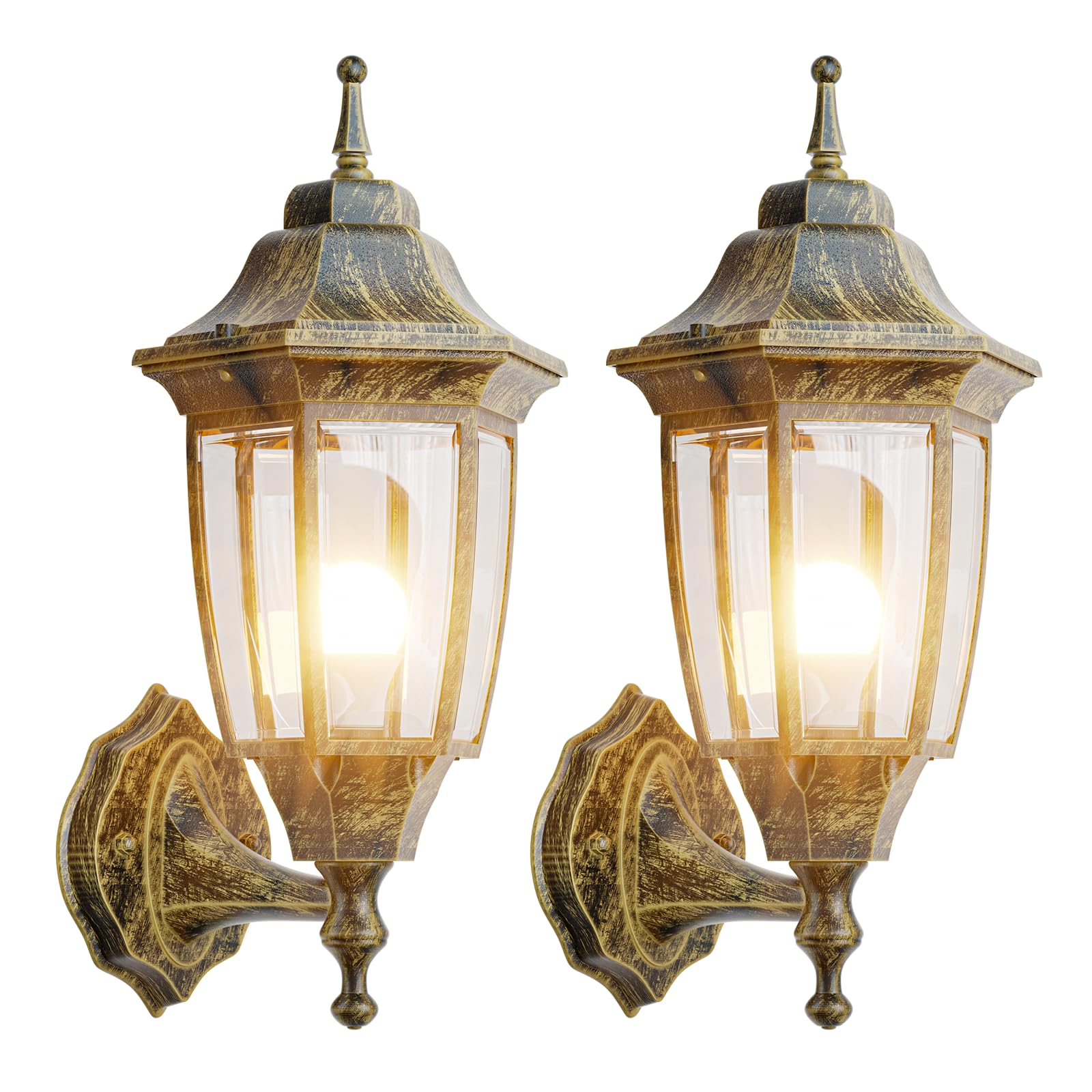 EMART Outdoor Wall Lamp, Waterproof Aluminum & Glass, 2 Pack, Gold, Model EM-AGGL-2