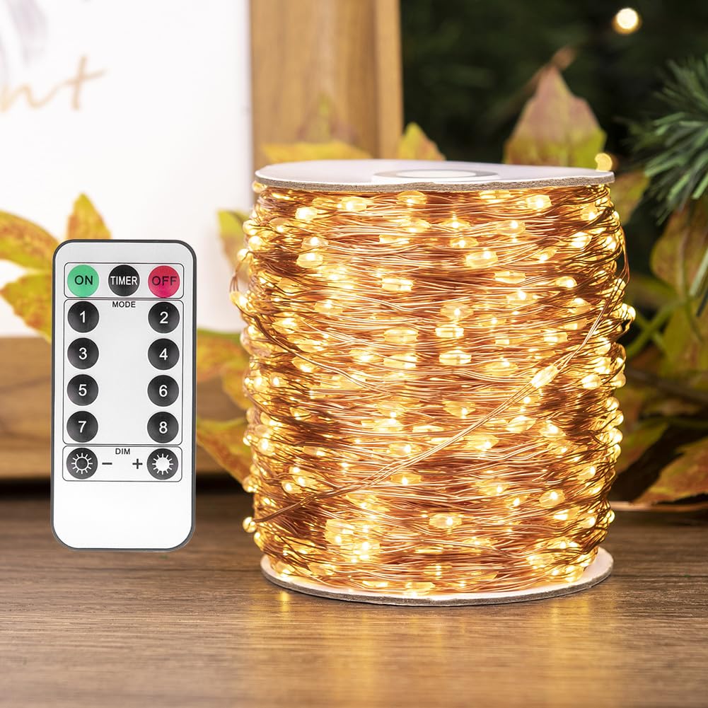 PCORES 100FT Plug in Fairy Lights with Remote Warm White 300 LED Copper Wire LED String Lights for Bedroom Living Room Patio Por