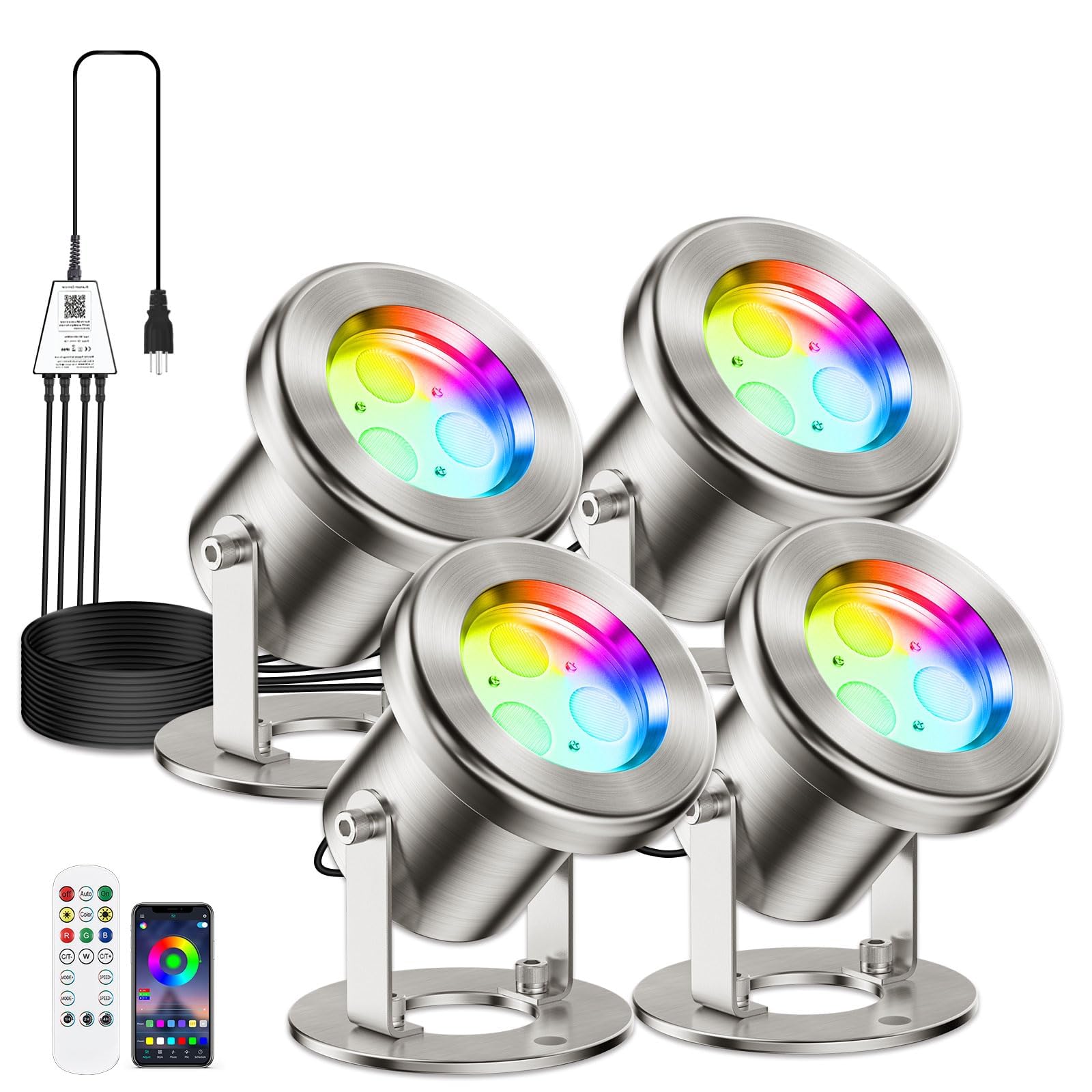 LyLmLe LED Pond Lights with APP Control  6W SS316 Stainless Steel RGB Underwater Fountain Light with 12V Transformer  IP68 Waterproof Outdoor Underwater Lights for Pond Waterfall  Black Wire(4-Spots)