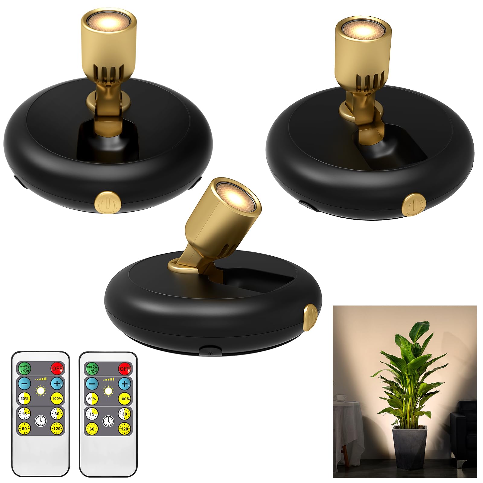 3Pack Battery Operated Indoor Plants SpotLight ,Tree Light Picture light with Remote,Dimmable Mini Led Accent Spotlight for Pain
