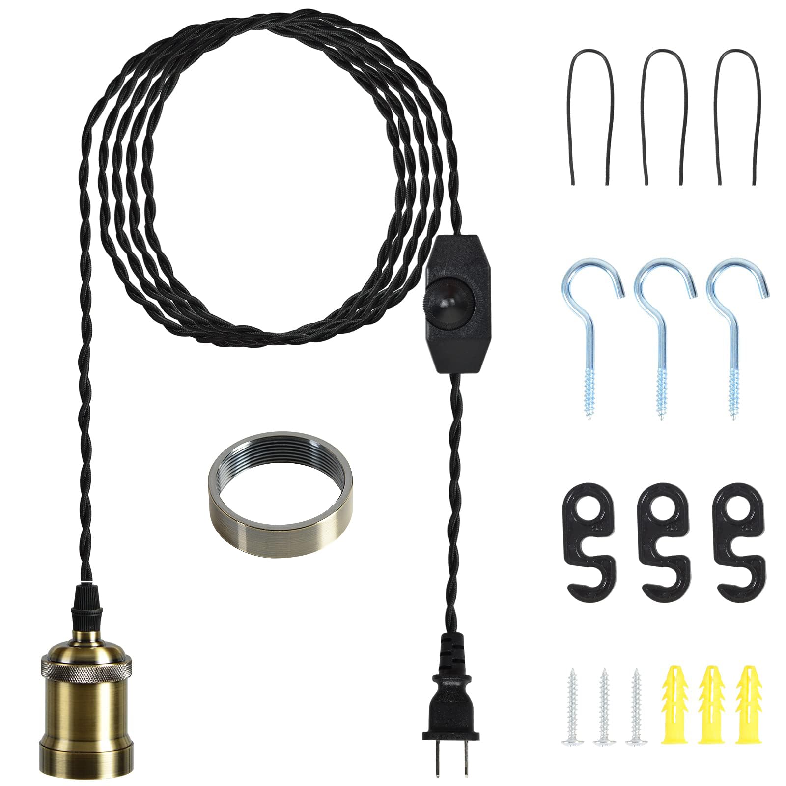 Plug in Pendant Light Cord Hanging Light kit with dimmer Switch,Farmhouse Hanging Lights19.69 ft Power Cord Length,Hemp Rope Plu