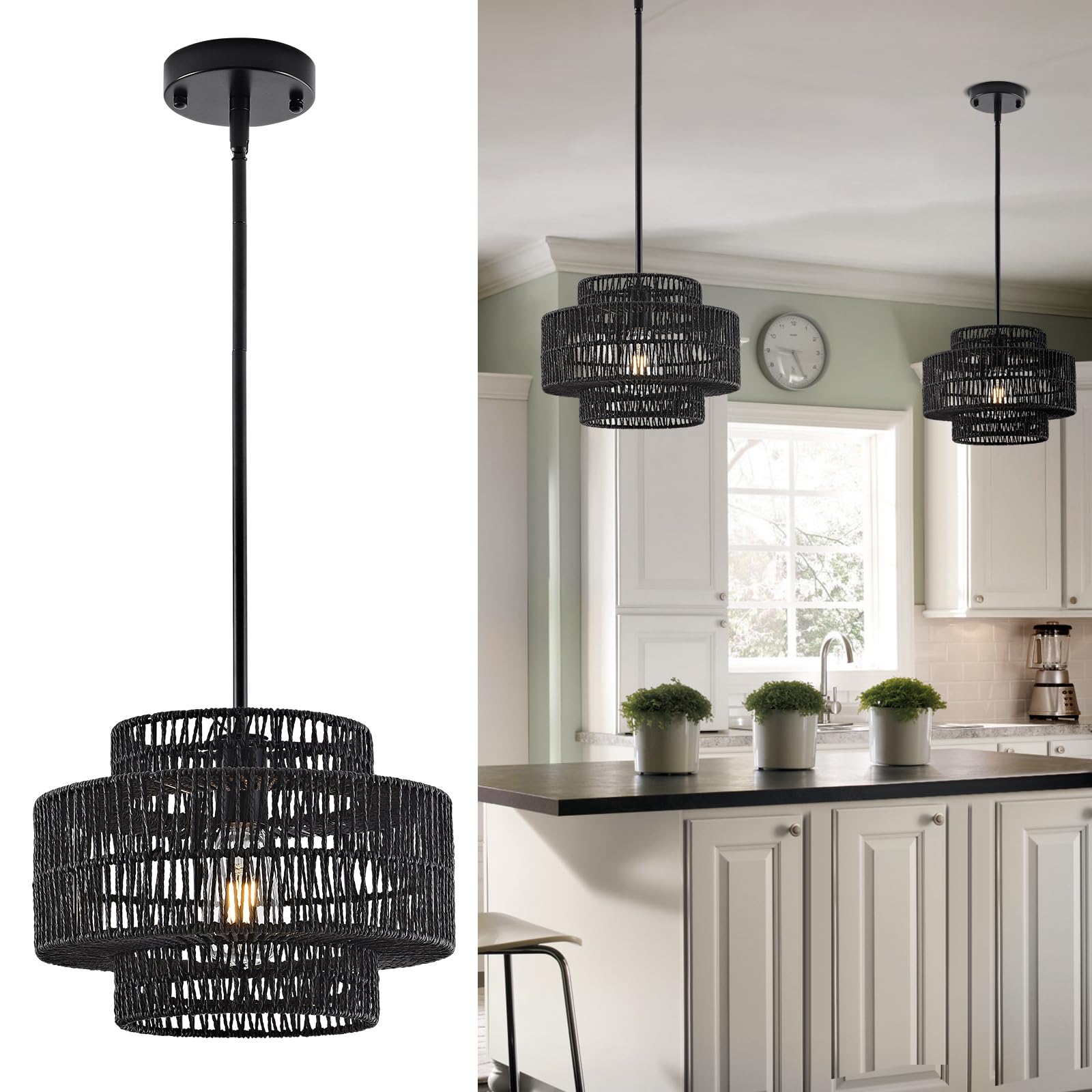 InterMaka 12.4    Black Boho Rattan Chandelier Light Fixture, 1-Light Hand Woven Pendant Light Fixture Farmhouse Rustic Hanging 