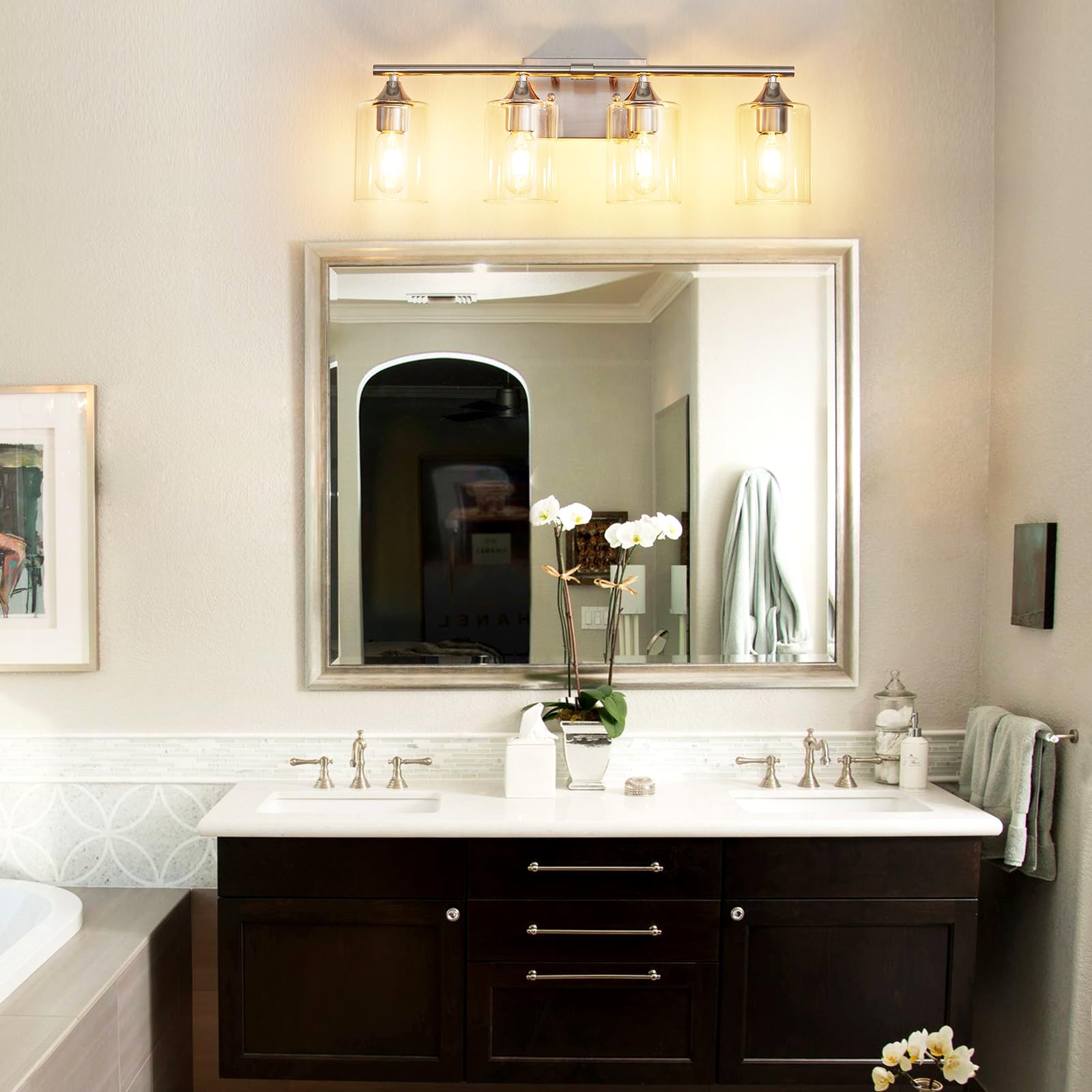 XPEHK 4-Light Bathroom Light Fixture, Modern Brushed Nickel Vanity Sconce for Mirror, Bedroom, Hallway