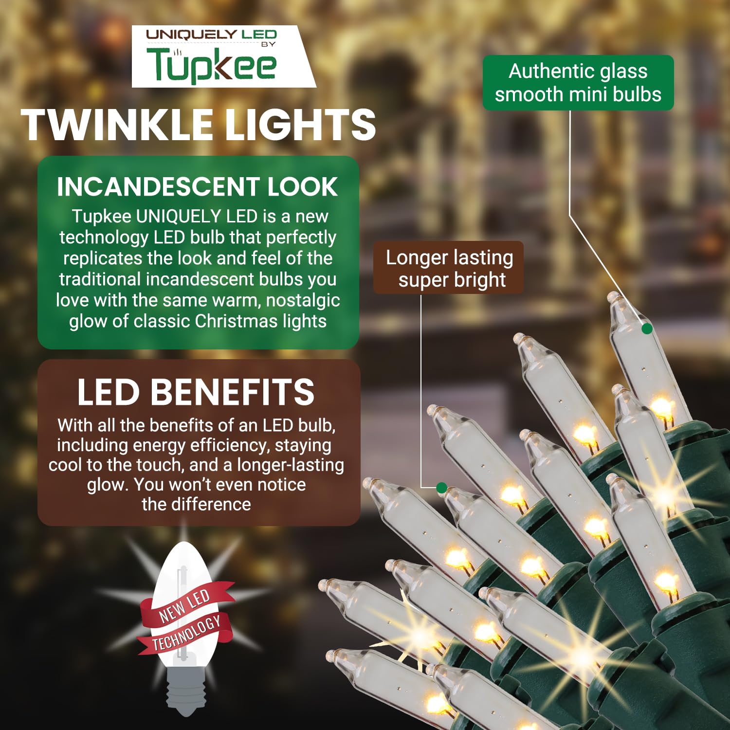 Christmas Uniquely LED Twinkle Lights - Matches Incandescent Exactly - 14 of 100 Lights Twinkle - Indoor Outdoor - 100 Warm Whit
