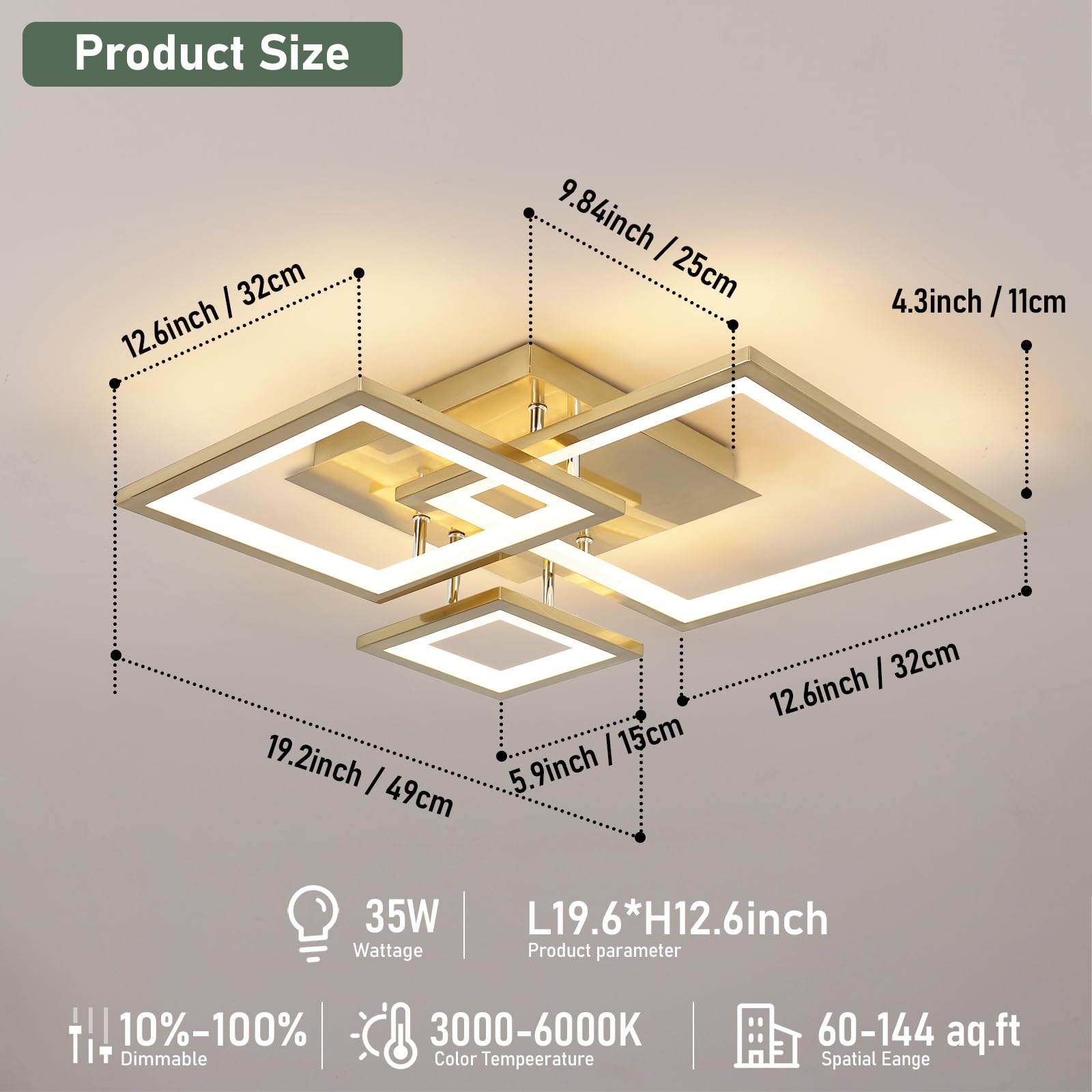 Hlilceh Modern Gold Led Ceiling Light 3-Square Design 3000K-6500K Dimmable Led Ceiling Light With Remote 33W Acrylic Ceiling Lig