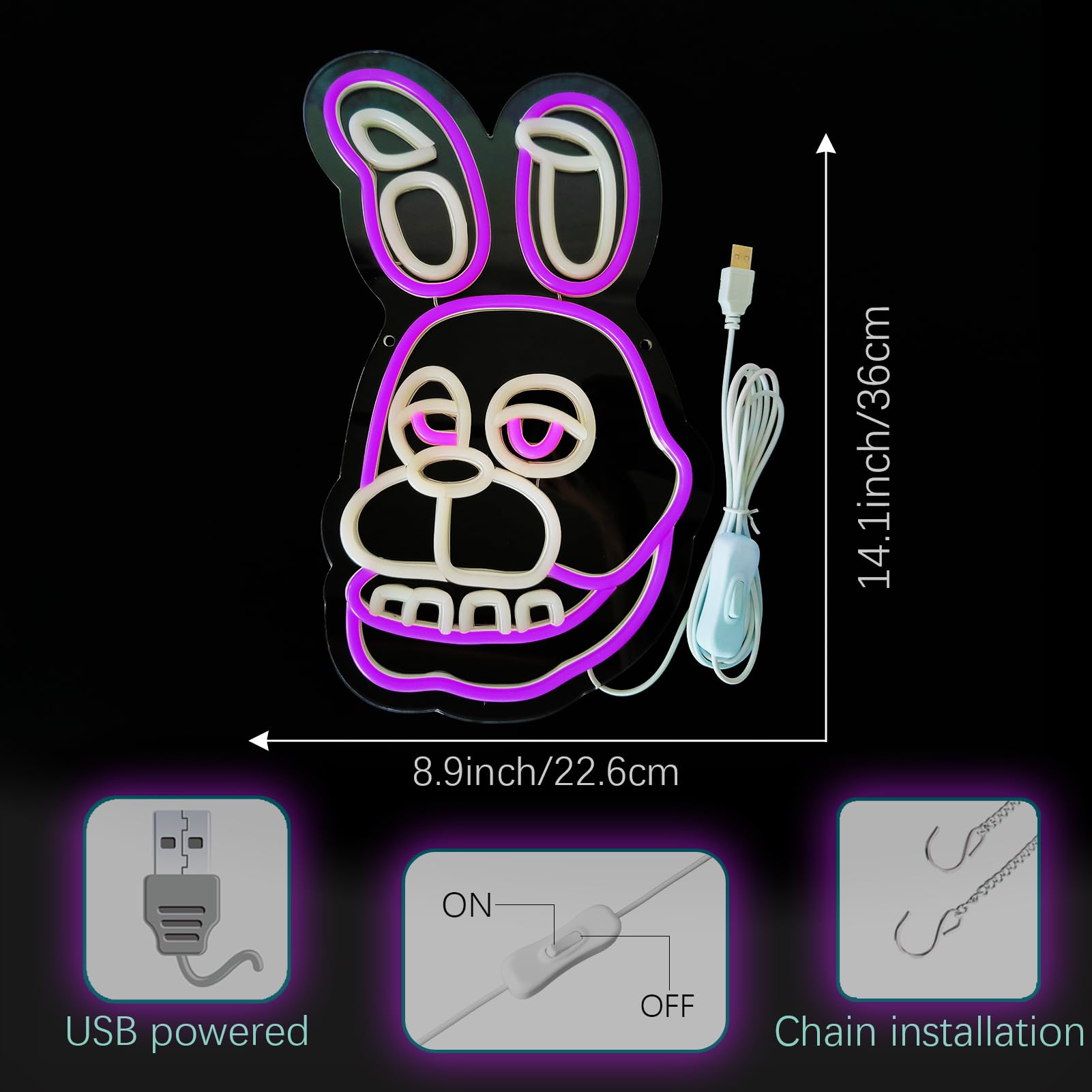 NAIYISI Funny Rabbit Neon Sign - LED Wall Decor, Acrylic, USB Powered, 14.1inx8.9in, Pink/Purple, Anime Design for Kids Room