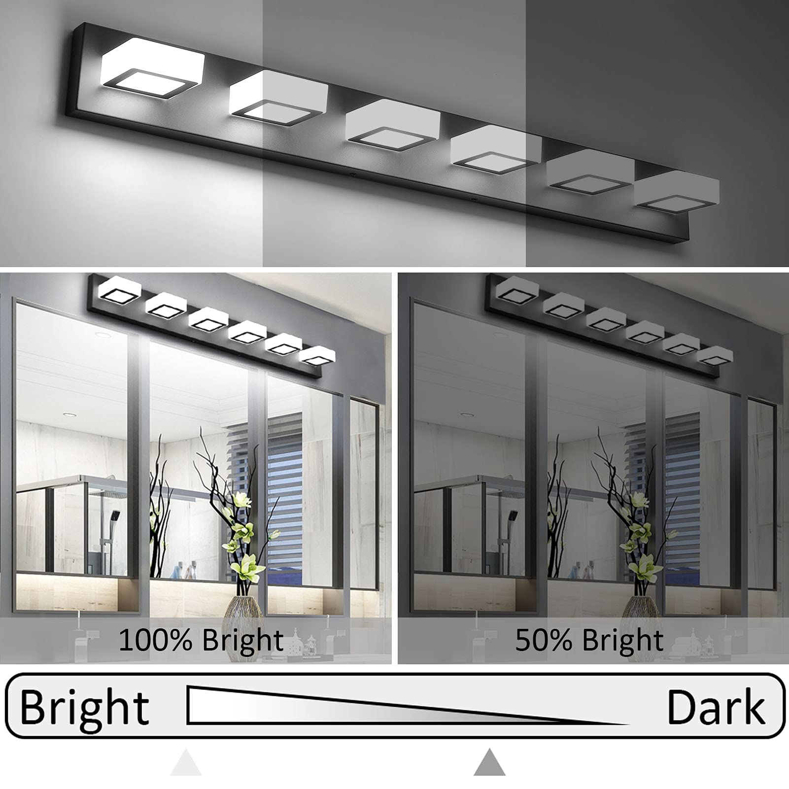 Ralbay 6 Lights Led Modern Dimmable Matte Black Vanity Light Acrylic Modern Vanity Wall Light Over Mirror Dimmable Bathroom Vani