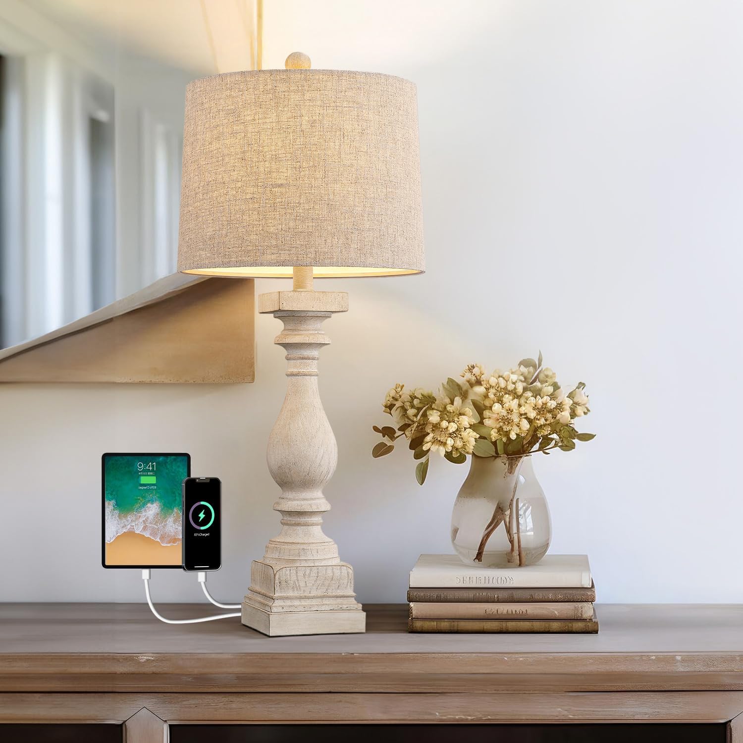 BOBOMOMO Retro Bedside Lamp with USB Charging Ports, 27in, Resin, Beige, Model AMZ-T279WW-U-1, 1 Pack