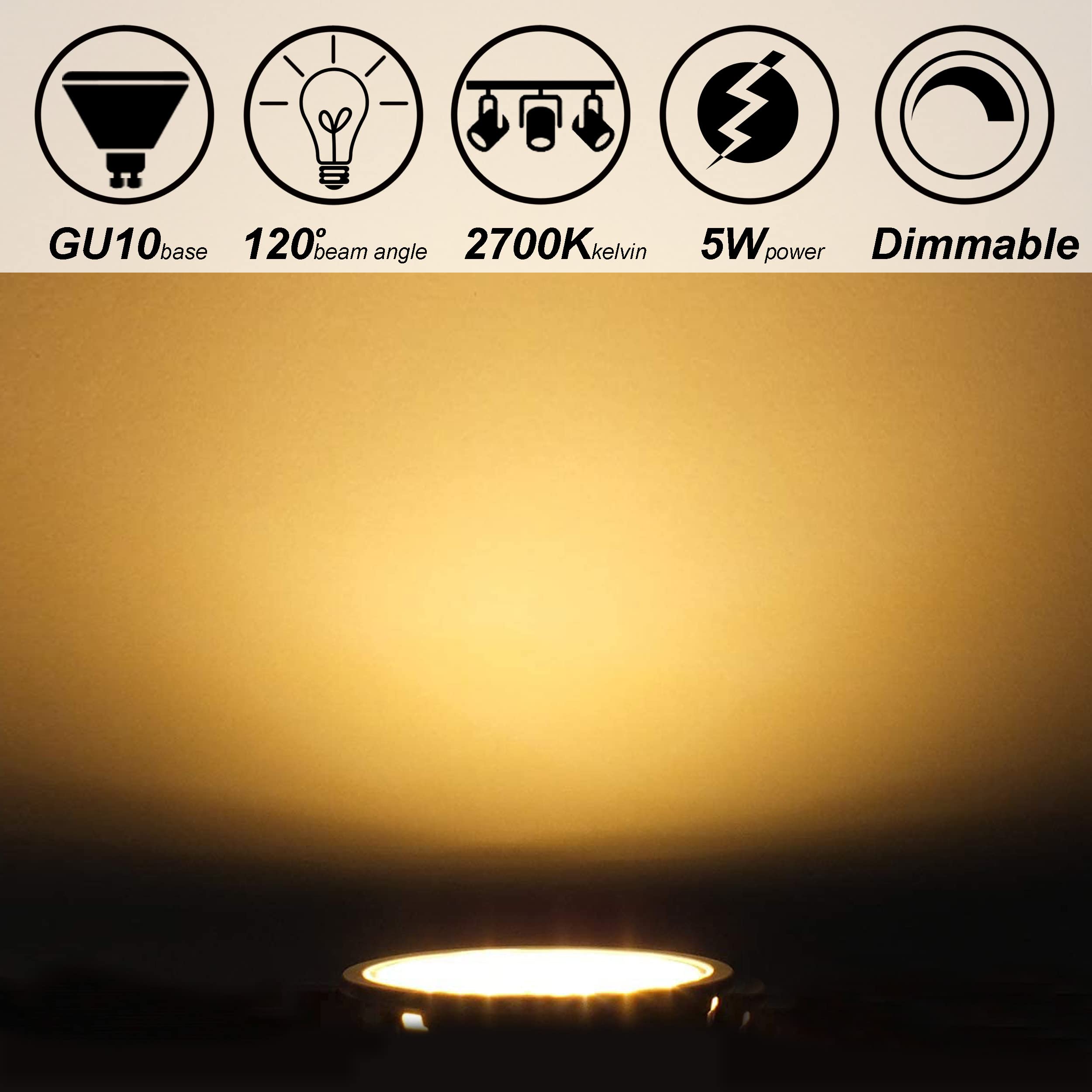 ALIDE GU10 Dimmable 5W LED Bulbs, 2700K Warm White, 120° Wide Angle, 6-Pack, Model AGU10432