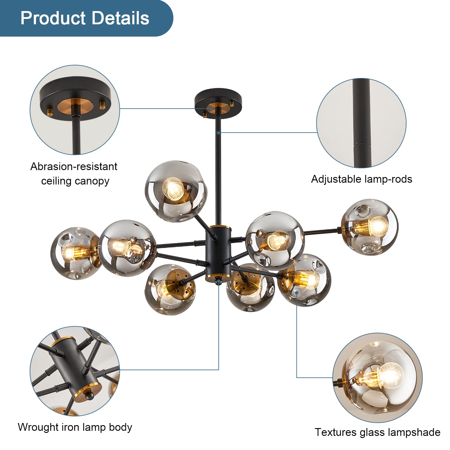 DDLLDESHI 8-Light Sputnik Chandelier, Black & Gold Metal Pendant Light for Dining Room, Kitchen, Living Room, Model DDLL02-8H