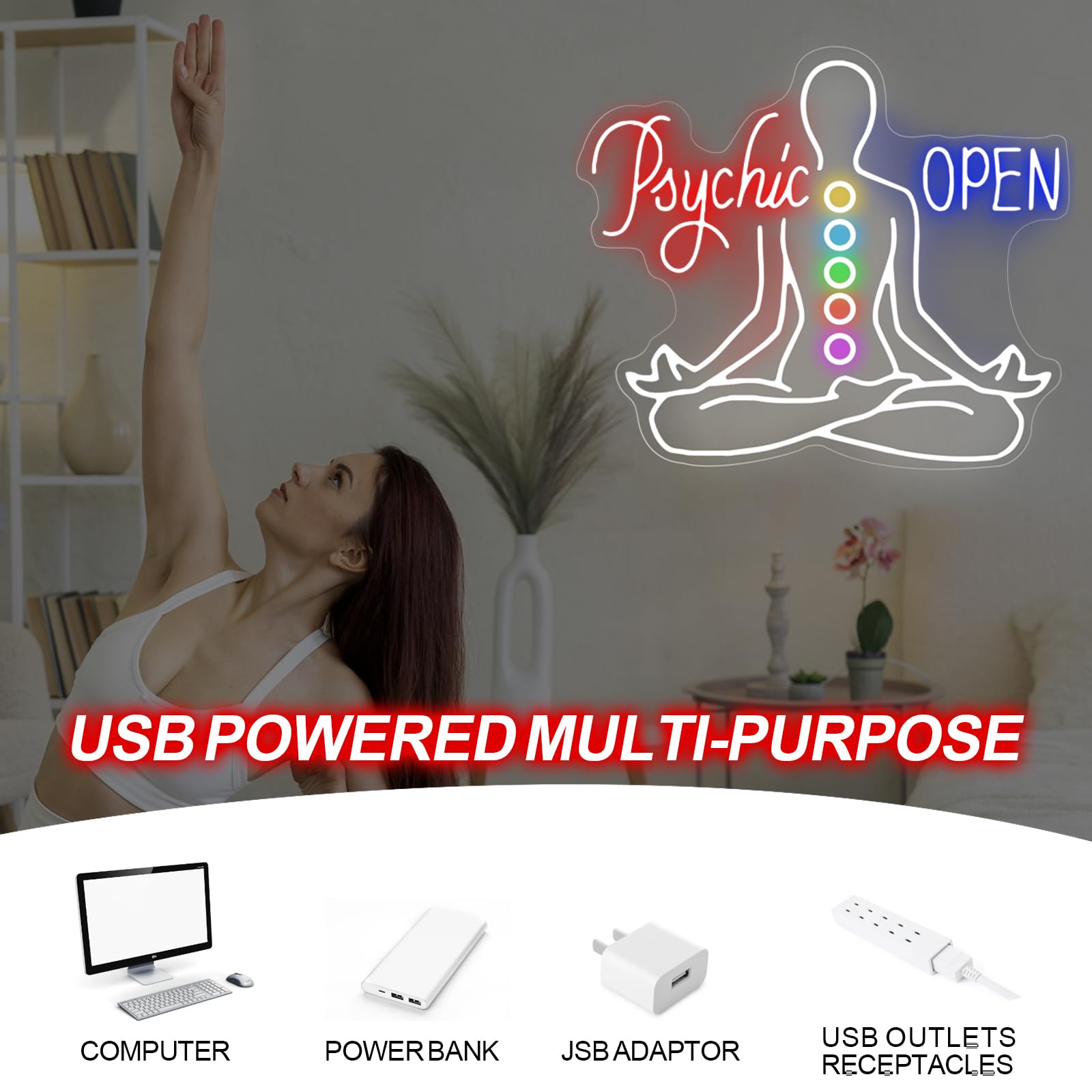 Psychic Open Neon Sign Charka Neon Light  Yoga Led Sign  Exercise Room Wall Decor  Buddha Lotus  Pilates Studio Art Meditation Room Wall Art Yoga Lover Gift  Psychic Chakras Healing Exercise  20*X17.3