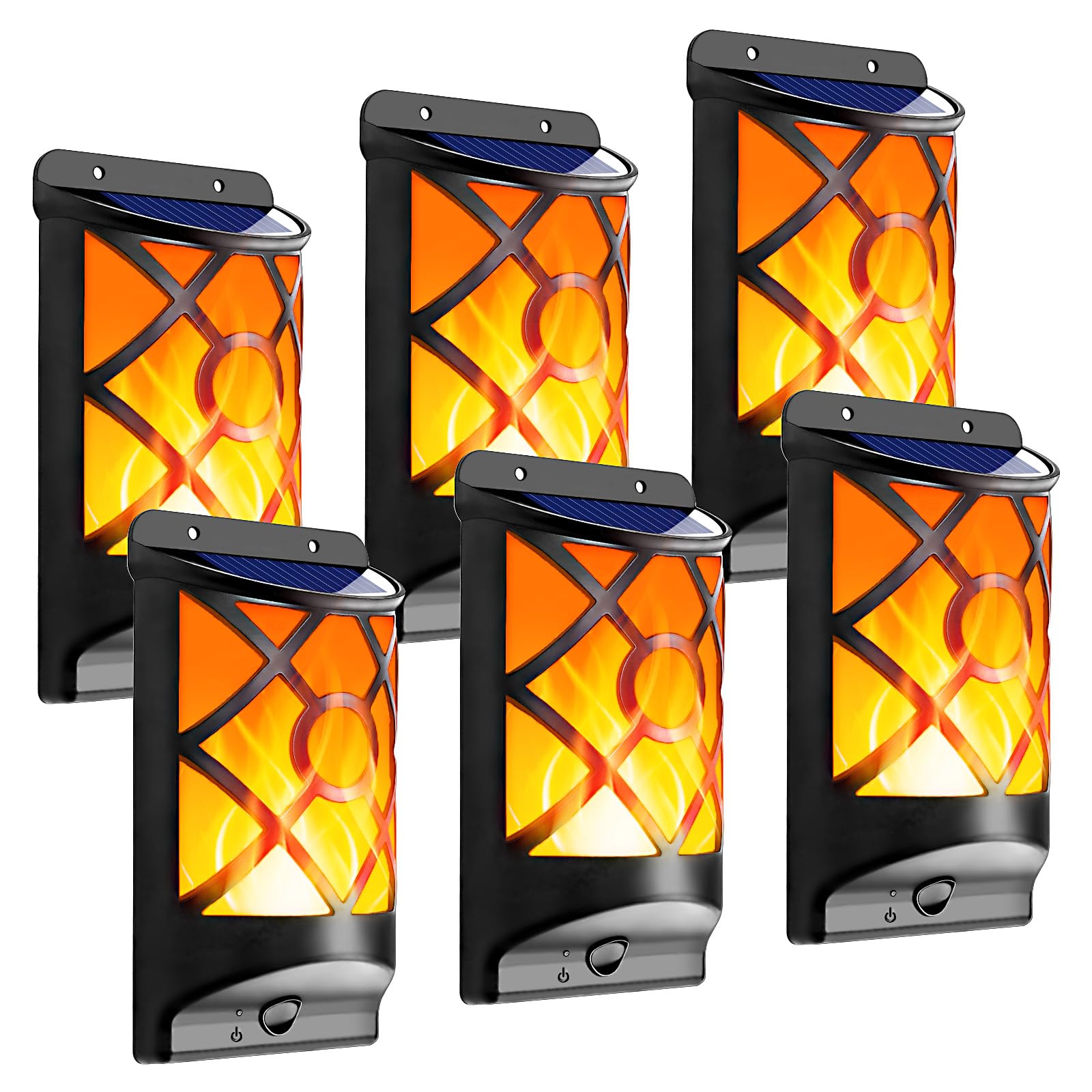 LazyBuddy 6 Pack Solar Flame Lights Outdoor Waterproof - Realistic 3D Flickering Flame Wall Lantern with 66 Ultra-Bright LEDs - 