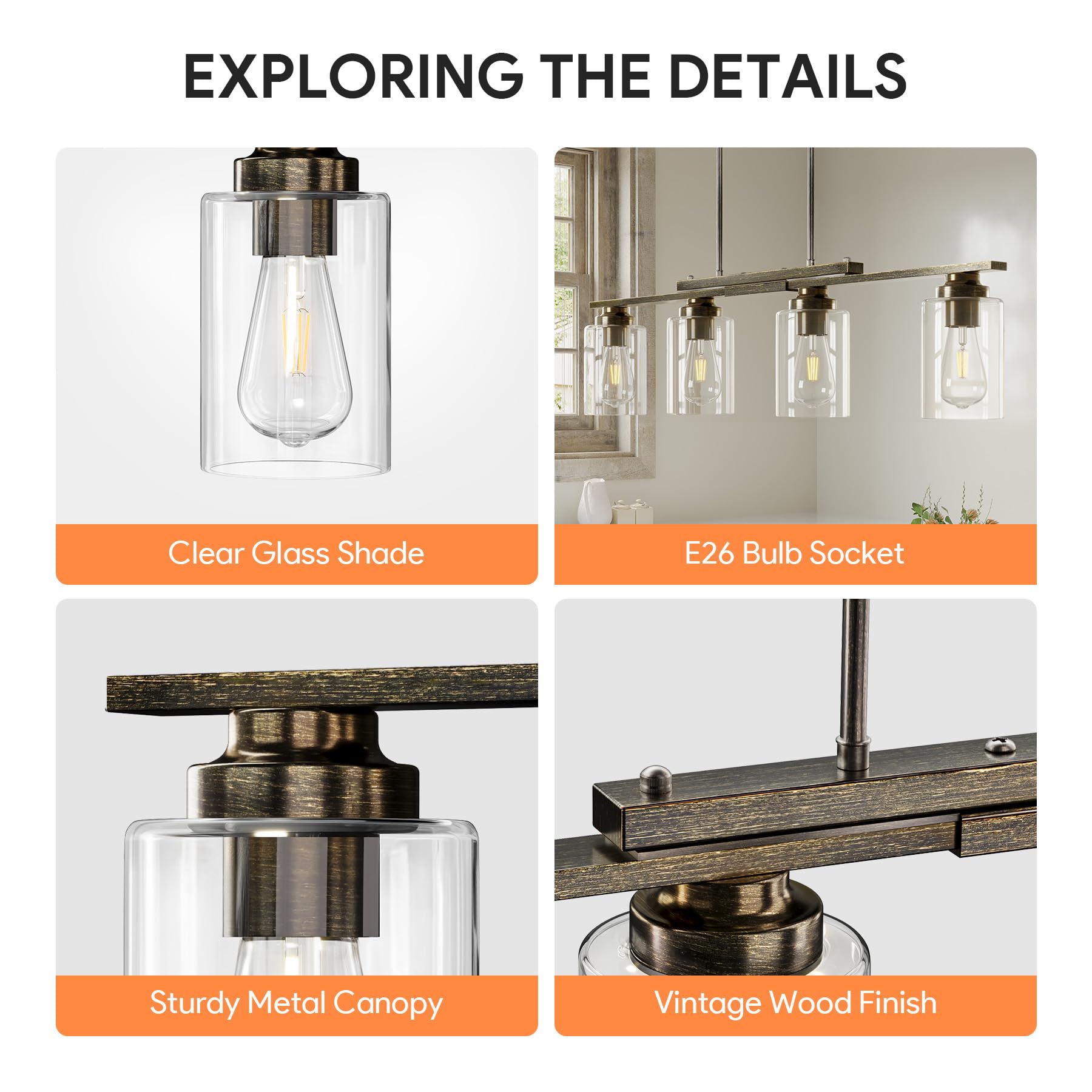 VONLUCE 4-Light Kitchen Island Chandelier, Glass Shade, Antique Black, Model PDL-GLC, ETL Certified, Farmhouse Dining Room Fixture
