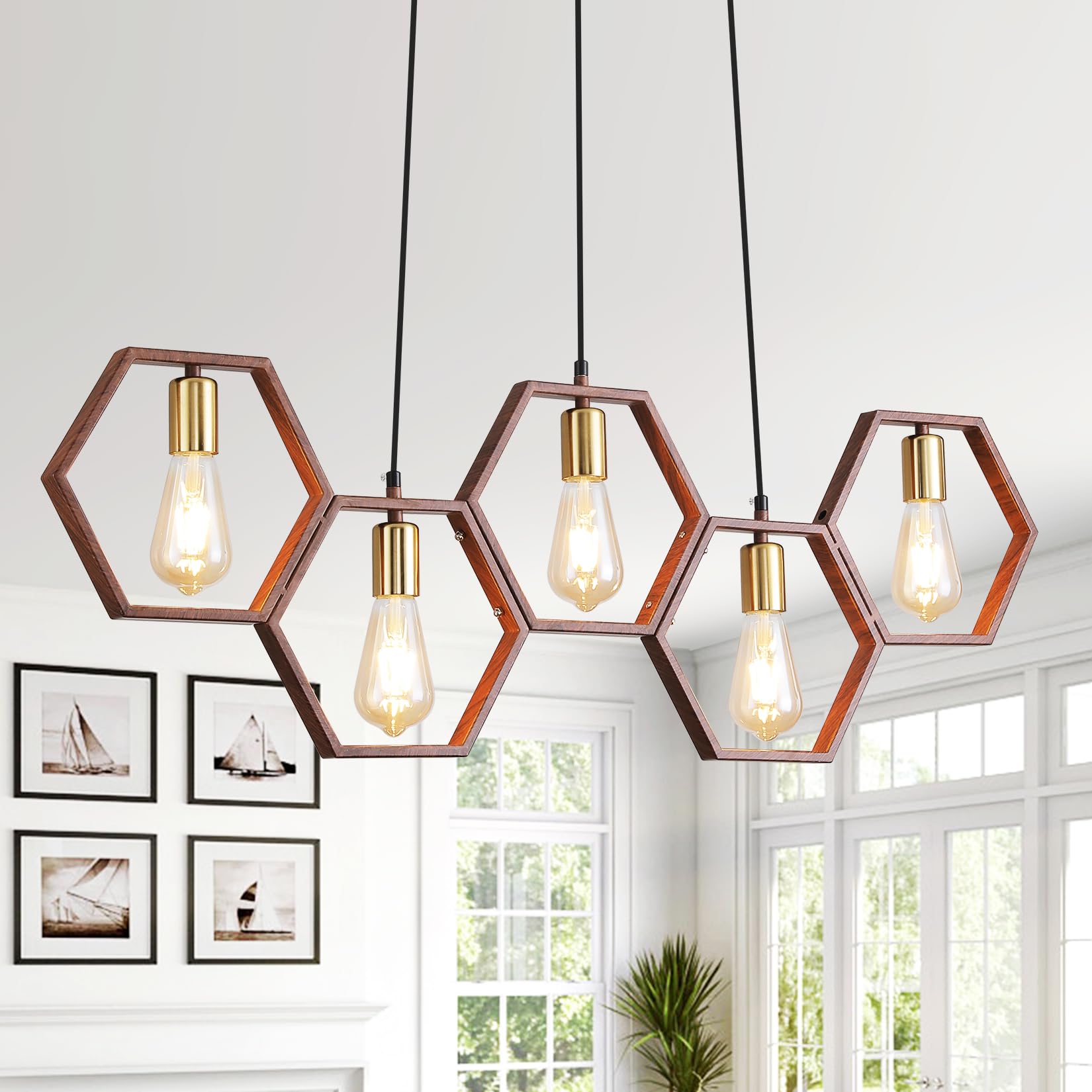 Fang Yan Mei Farmhouse Kitchen Island Light Fixtures 5-Light Dining Room Light Fixtures Over Table  Industrial Pendant Lights Linear Chandeliers for Dining Room Kitchen Island