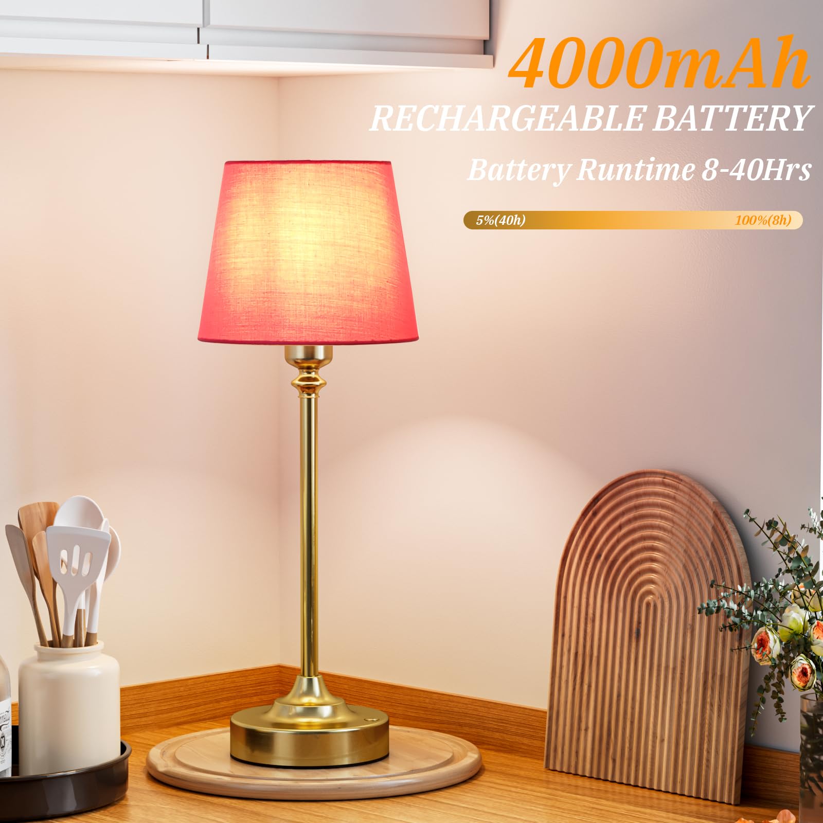 Kakanuo Cordless Table Lamps Set - 2 Pack, 15.8in, Touch Control, 3000K Dimming, Rose-Gold, Battery Operated for Bedroom & Living