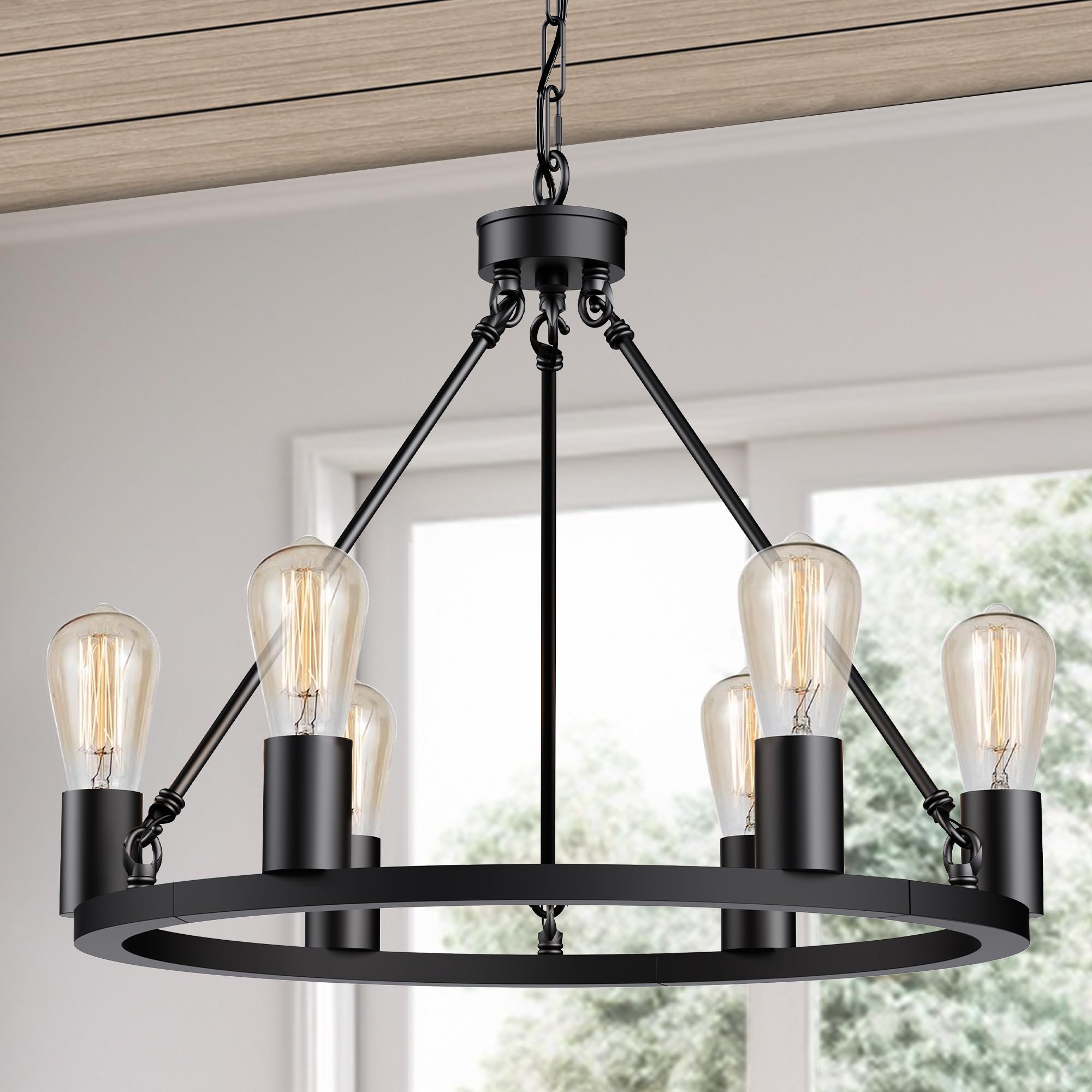 L Lohas Led Black Farmhouse Chandeliers For Dining Room, 6-Light Wagon Wheel Chandelier Over Table, Height Adjustable, 19'' Dini
