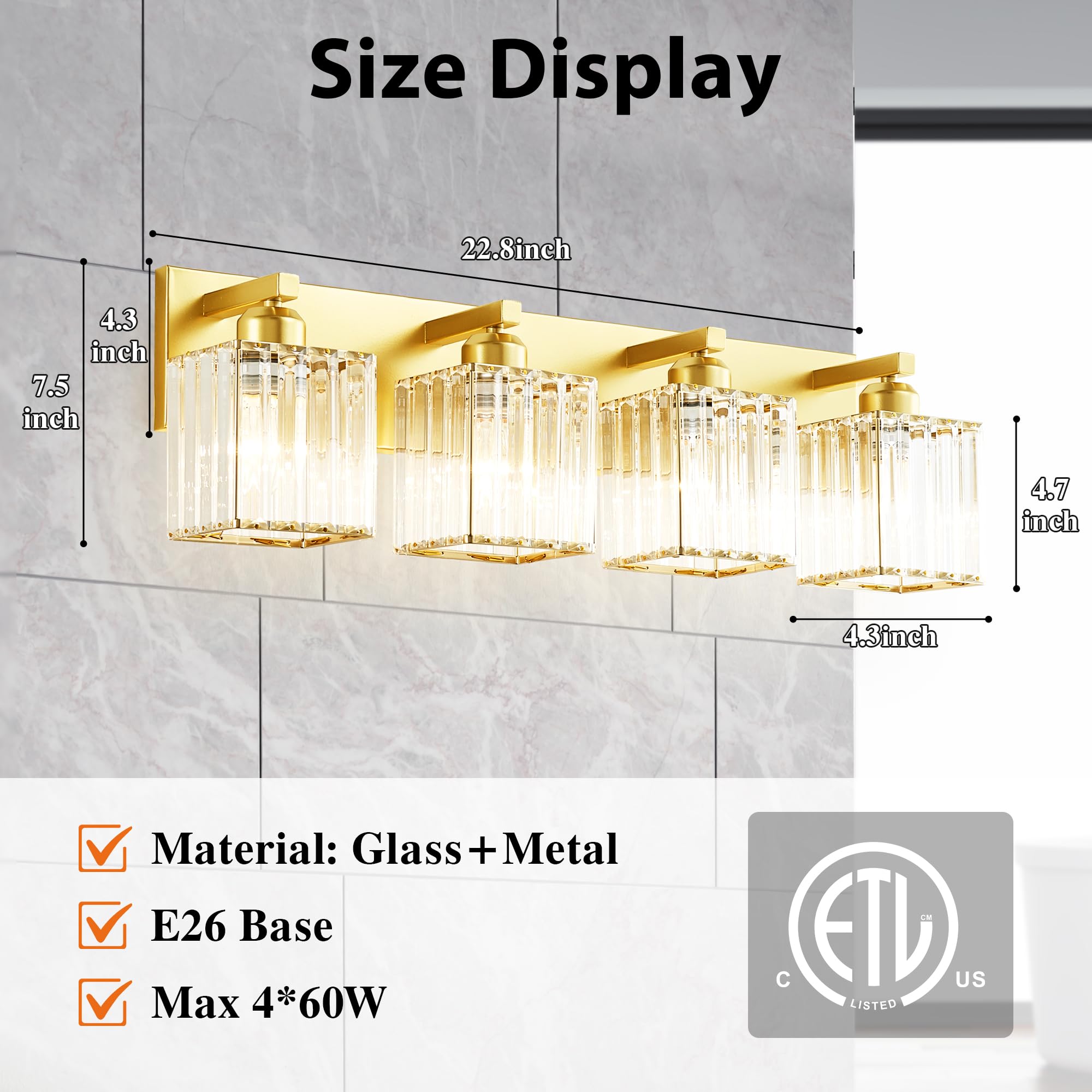 Bathroom Vanity Light Fixtures Over Mirror 4 Crystal Lights - Makeup Lighting Pure Gold - For Modern Wall  Bath  Desk  Farmhouse  Hallway