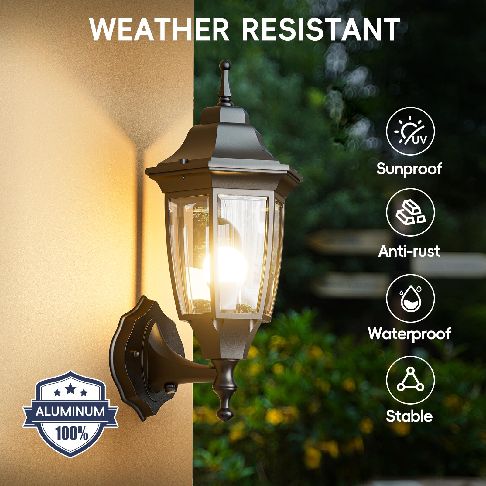 EMART Dusk to Dawn Outdoor Porch Light, Black Aluminum & Glass Wall Sconce, Modern 2 Pack, Waterproof, Model EM-AGL-2-PS, Bulb Included
