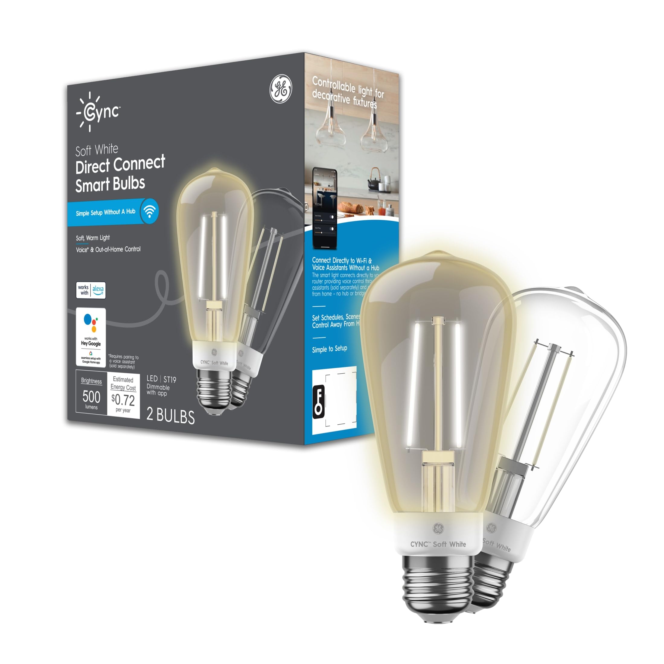 Ge Cync Smart Led Light Bulb, St19 Edison Style, Works With Amazon Alexa And Google Home, Wifi Light, Soft White, 60W Equivalent