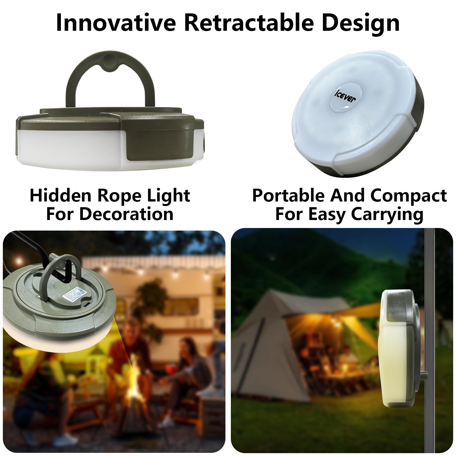 Icever Camping String Lights, 32.8Ft Rechargeable Waterproof Hanging Lamp Portable Led Light For Outdoor Camping Awning Tent Gar
