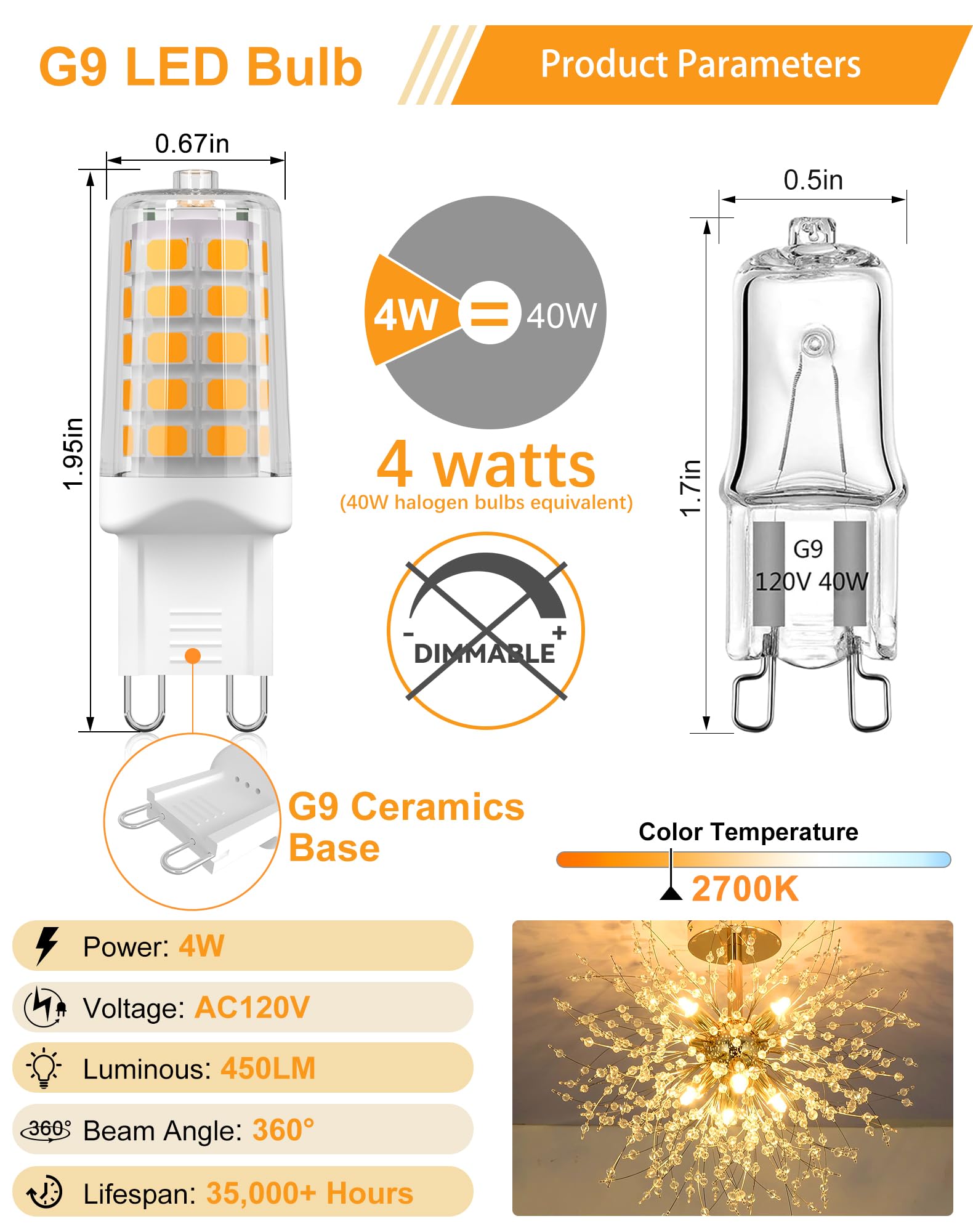 Gohdlamp 10 Pack G9 Led Bulb, 40 Watt Equivalent T4 Chandelier Light Bulbs,4W 2700K Warm White 450Lumens Non-Dimmable, Ceramic B