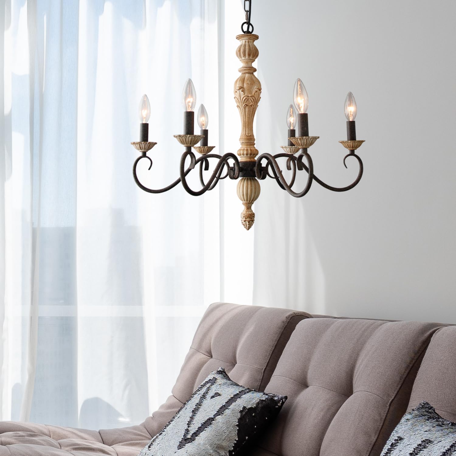 Cawabien 6-Light French Country Chandelier, Rustic Wood Finish, 23.3" Diameter, Ideal for Dining Room, Living Room, Kitchen, Brown Model ZR2996