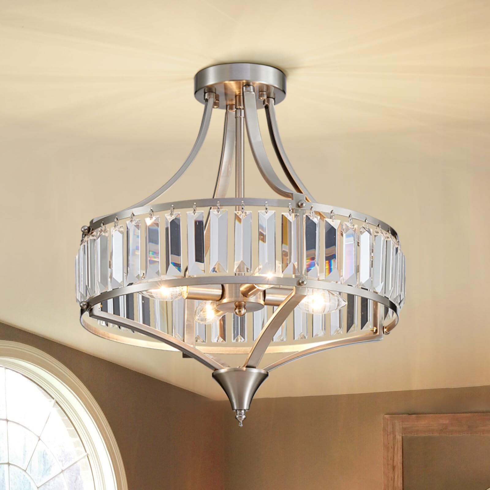 Avzkcy Modern Nickel Chandelier 4-Light Crystal Ceiling Light Fixtures 16 Inches Flush Mount Lamp Suit For Living Room Kitchen I