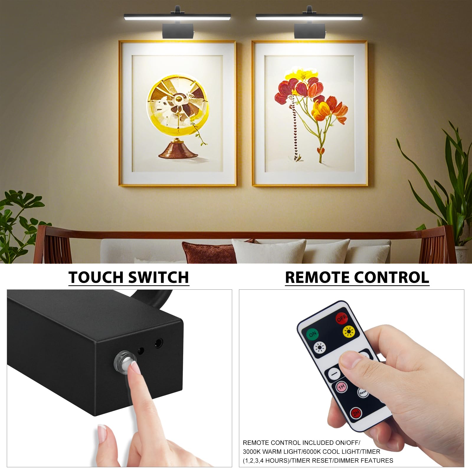 RAIFOOLLY Picture Light for Wall, Battery Operated, Remote Dimmable, 3 Modes, Iron, L-16in, Black, Model RF00181