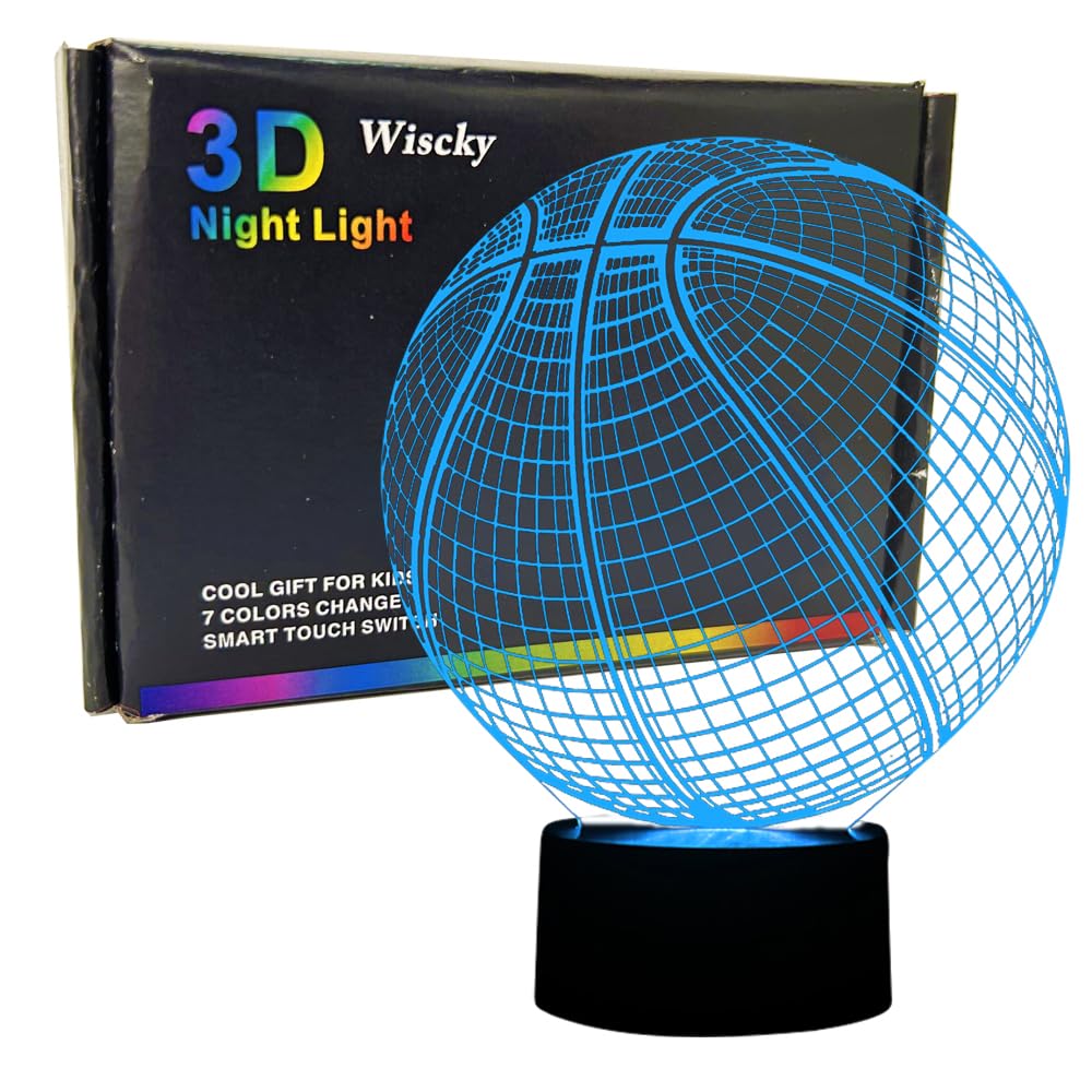Wiscky Basketball 3D Illusion Lamp - Led Night Light For Kids, 7 Color Changing Touch Switch, Acrylic, Perfect For Sports Fans