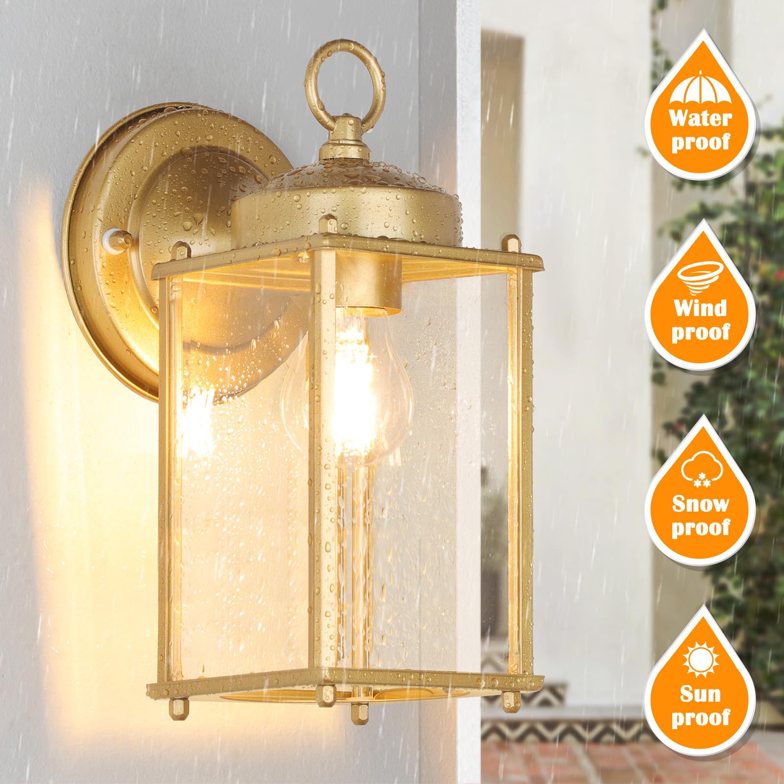 MATAMEYE Large Outdoor Wall Lantern, Waterproof Gold Sconce Light, 10.24" Iron Fixture, Model GS8648-XL, 2 Pack