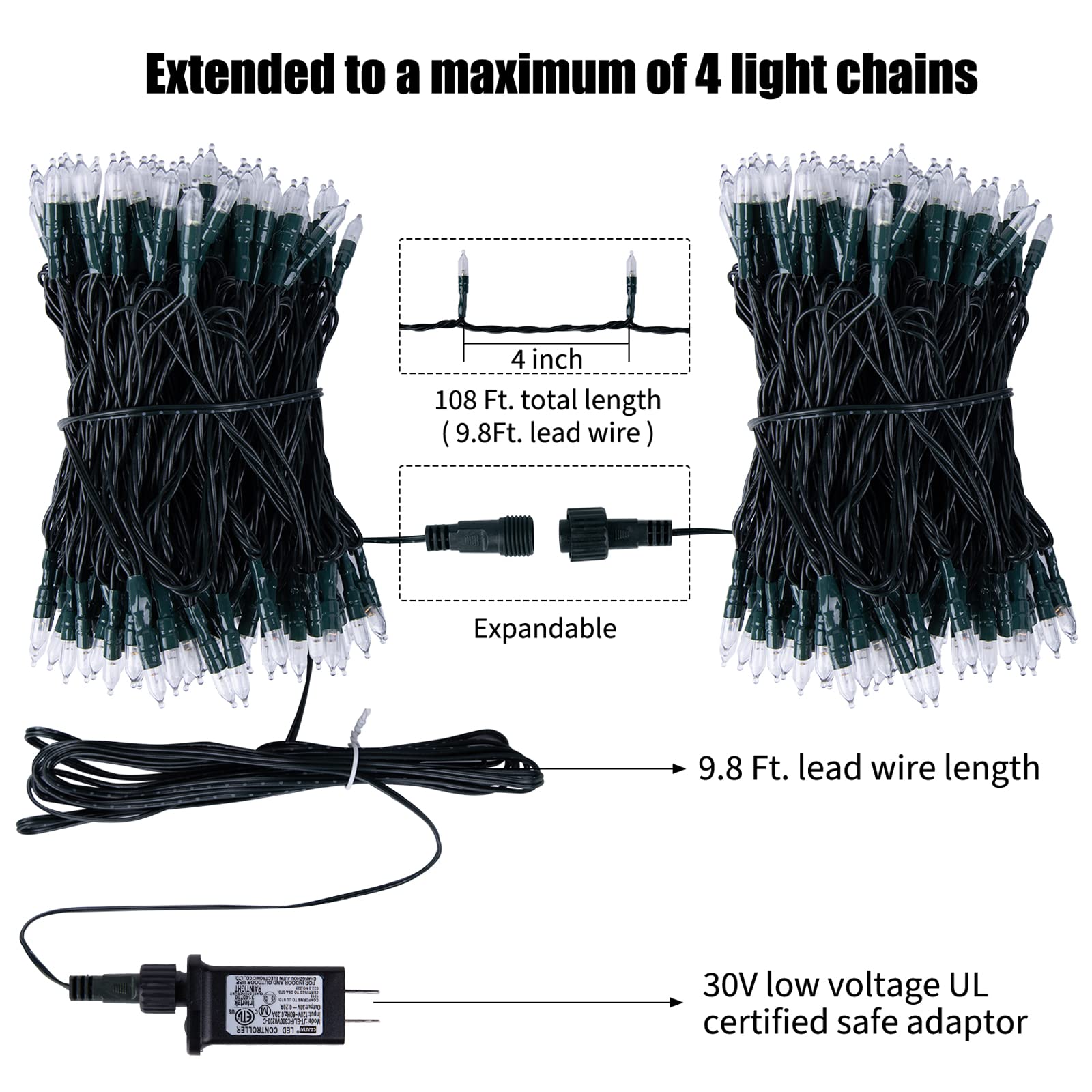 Minetom 2PC LED Christmas Mini Lights, 75ft, 200 Clear Bulbs, 8 Light Modes, Warm White, Model JT-EL/FC300V0200-C