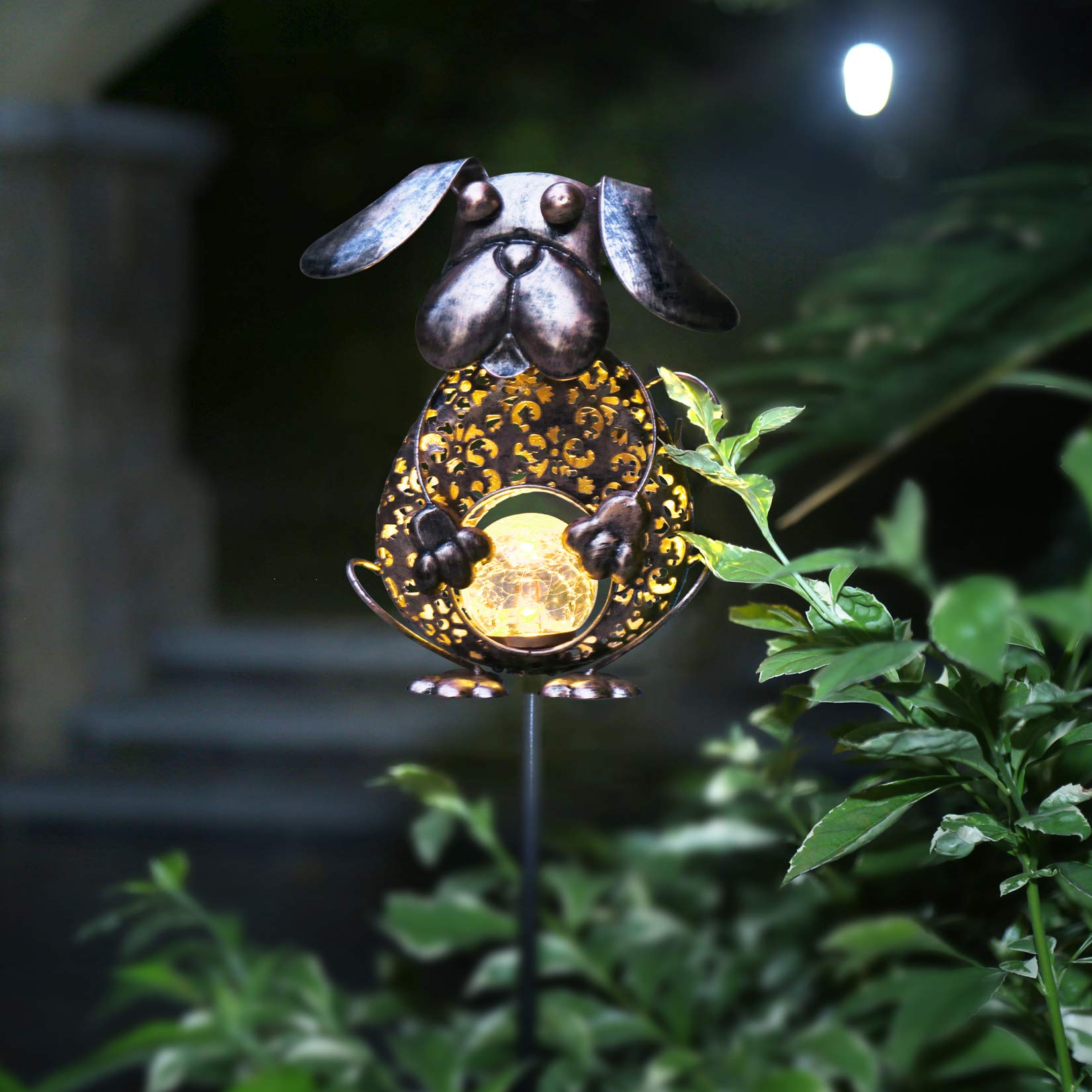 KAIXOXIN Solar Garden Lights, Metal Dog Stake with  le Glass Globe, Waterproof, Warm White LED, Dog-Bronze Color