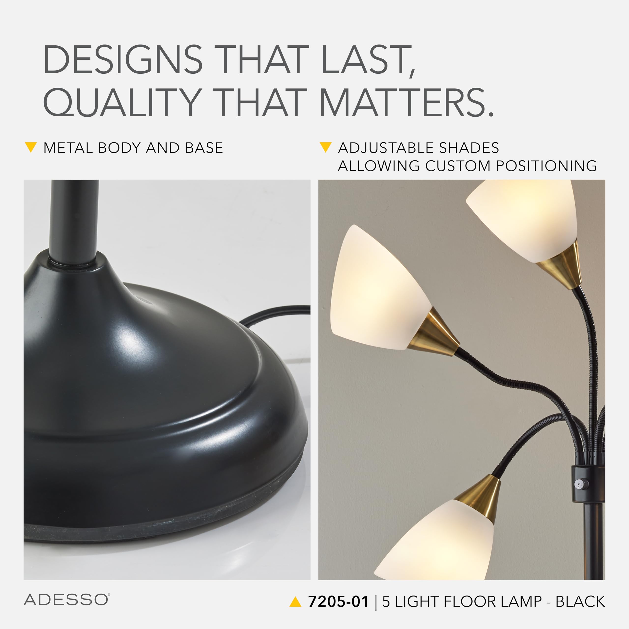 Adesso Floor Lamp With 5 Movable Shades, Adjustable Brightness, Black, Model 7205-22, Ideal For Bedroom Decor & Art Studios