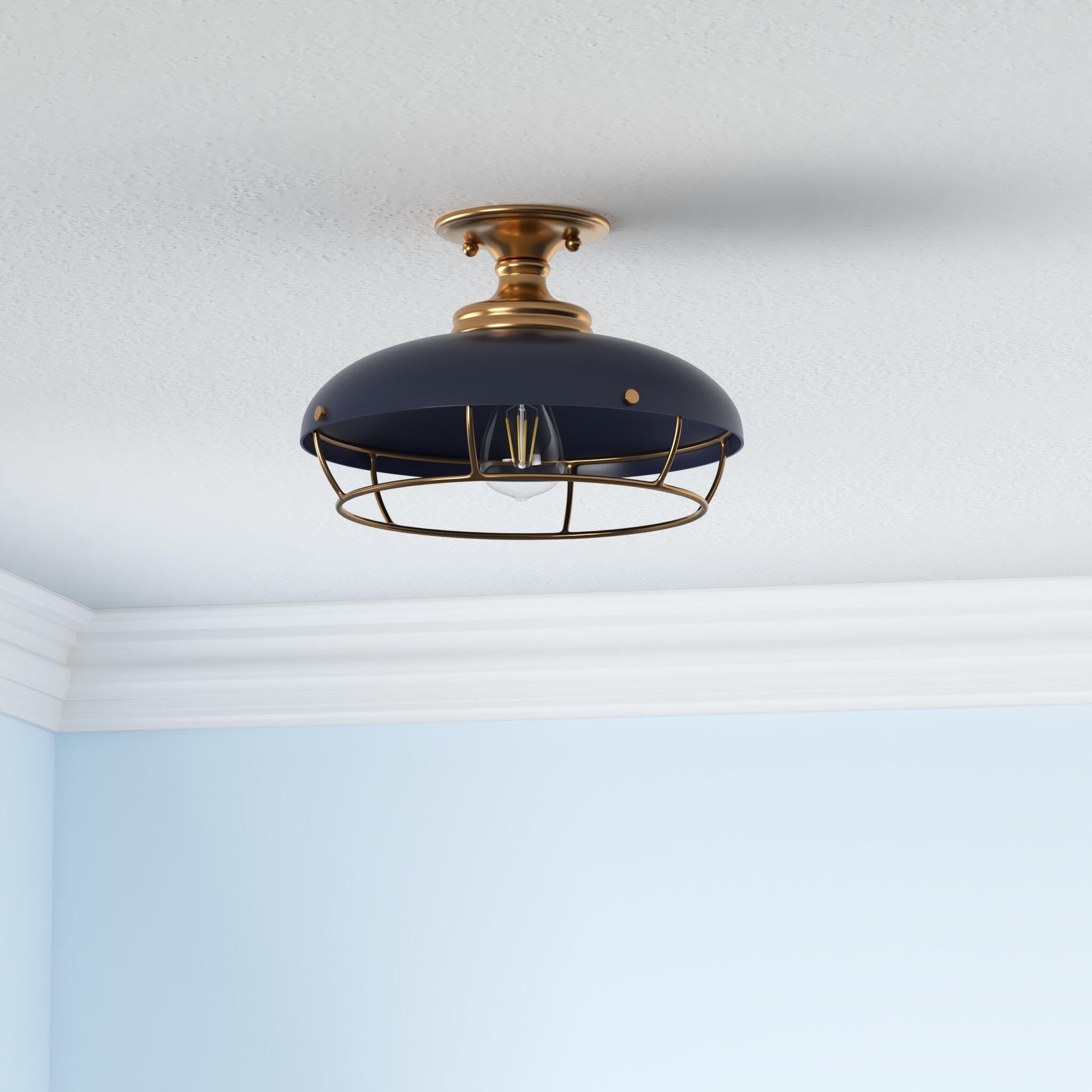 Robert Stevenson Lighting - Presley Caged Dome Metal Semi-Flush Mount Ceiling Light, Brushed Brass And Navy Blue
