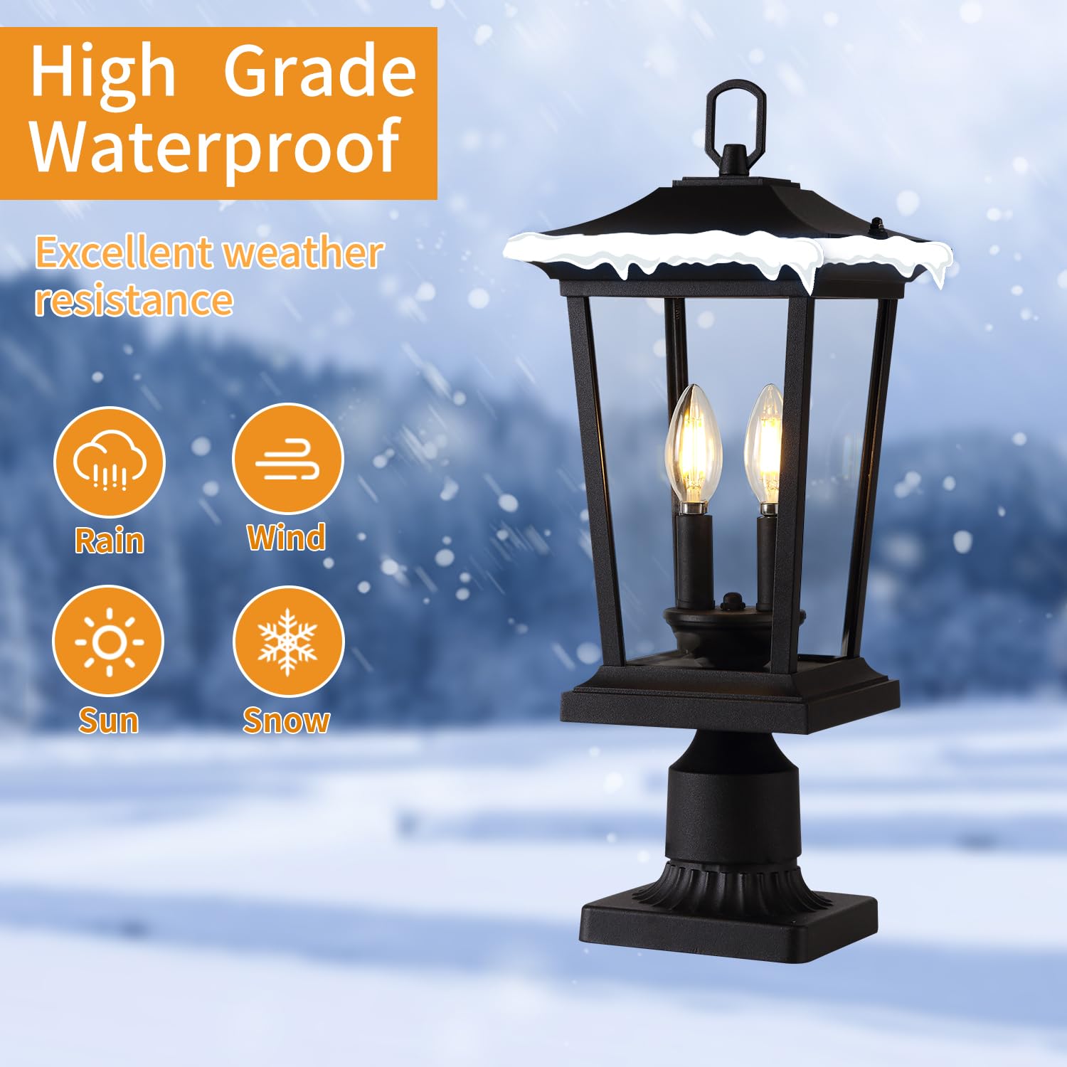 Smeike Outdoor Post Lights  Cast Aluminum Lamp Post Light Fixture  2-Light Pole Mount Light With Clear Glass  Outdoor Pier Mount Light Matte Black Finish