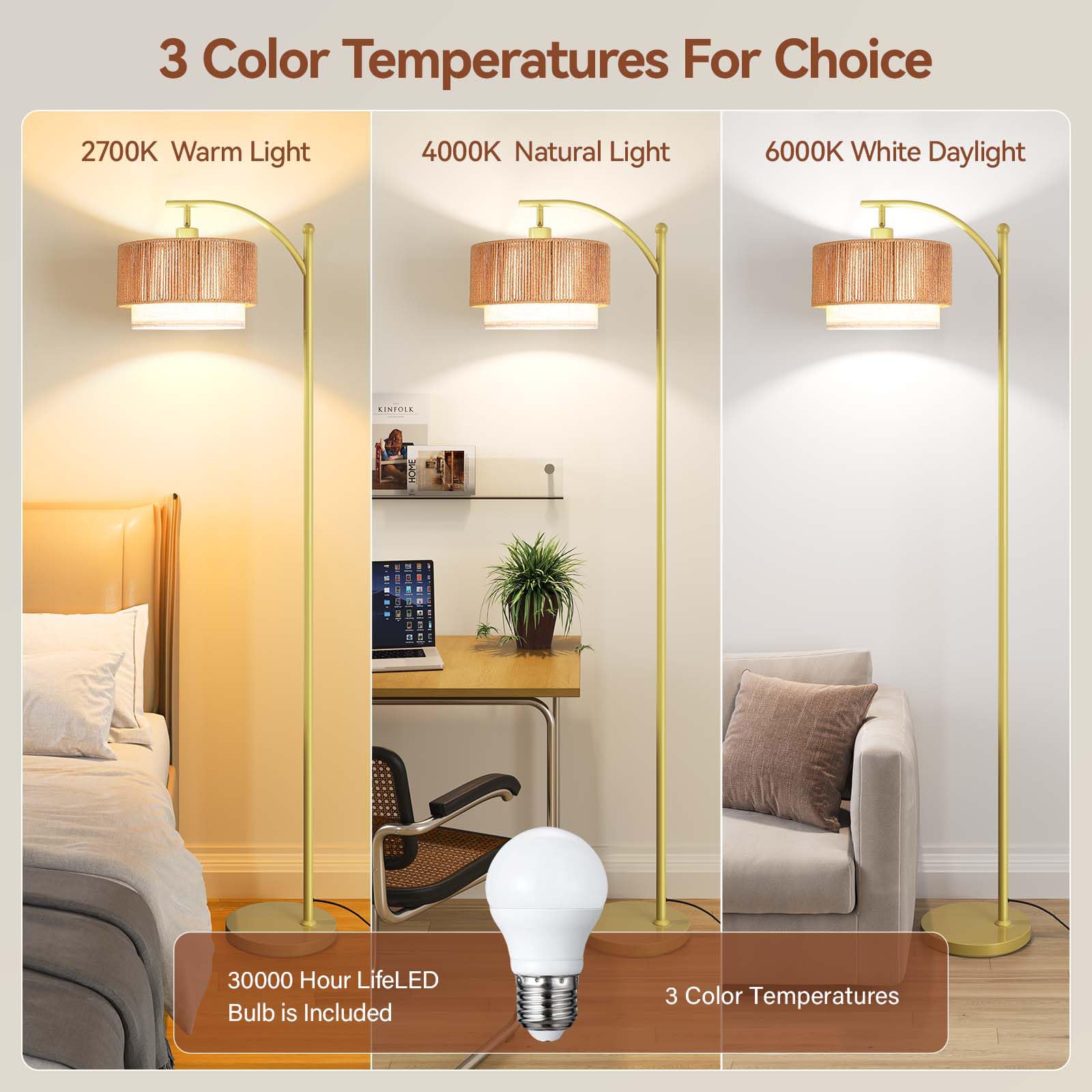 Sunmory Floor Lamps For Living Room With 12W Led Bulb, Arc Floor Lamp With 3 Color Temperatures, Farmhouse Floor Lamps With Adju