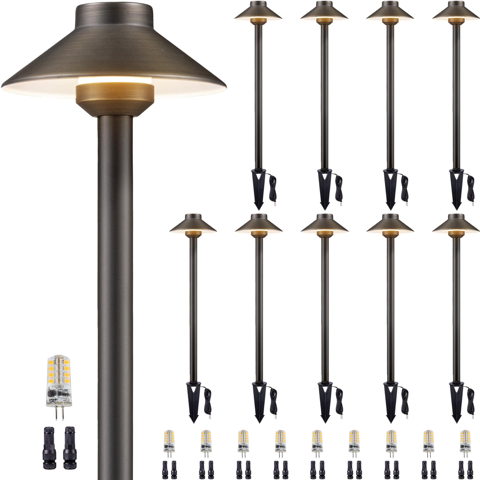Gardenreet Brass Landscape Path Lights - 12V Low Voltage Pathway Light Ip65 Waterproof, Led Outdoor Walkway Lighting Wired, Hat Bronze For Patio Lawn With 3W 2700K Warm White G4 Bulb (10 Pack)