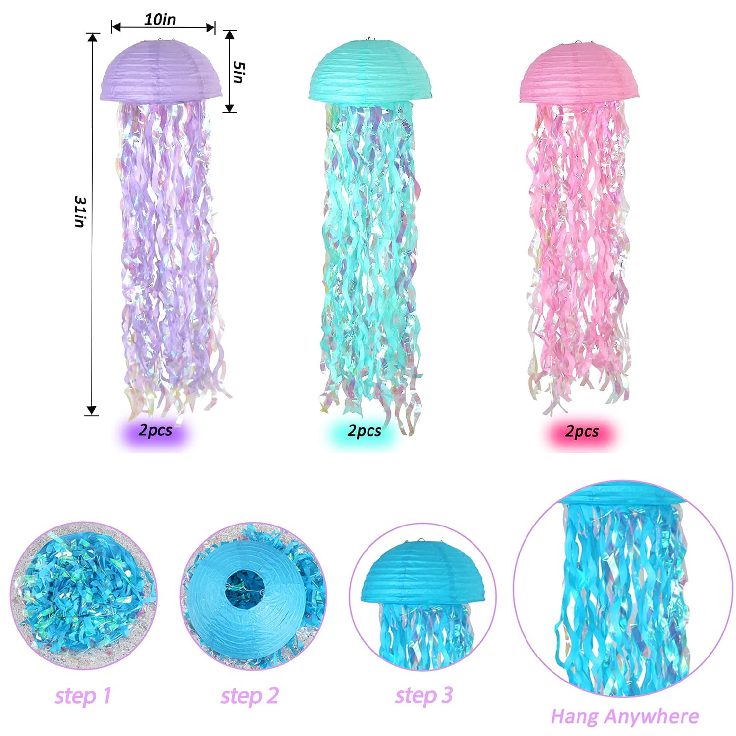 Adlkgg Hanging Jelly Fish Paper Lanterns, Pink Purple Blue Gradient Colorful Paper Lanterns For Mermaid Theme Birthday Party Und