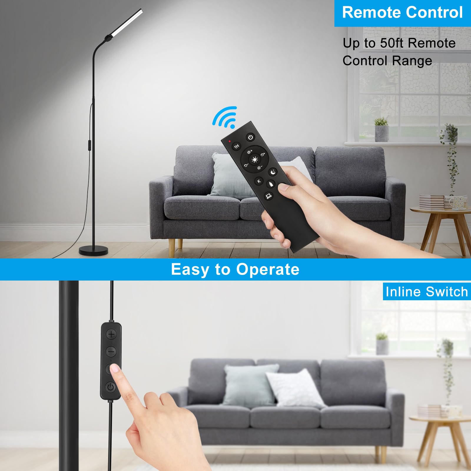 Led Floor Lamp With Remote Control, Bright 15W Floor Lamps For Living Room With Double Head, Adjustable Gooseneck Standing Lamp,