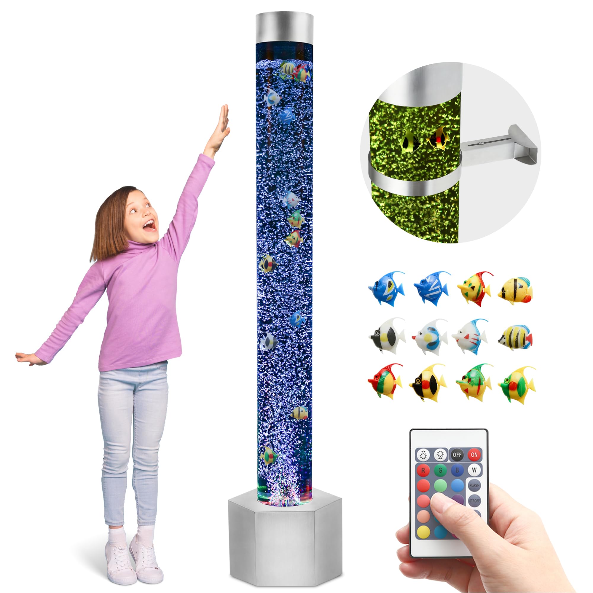 Special Supplies Aquarium Sensory Fish Bubble Light Tube With 16 Led Color Changing Nightlight Effect  Remote Control-Includes 12 Fish  Floor Standing Lamp For Kids And mature-themeds (5 Ft) (Hexagon)